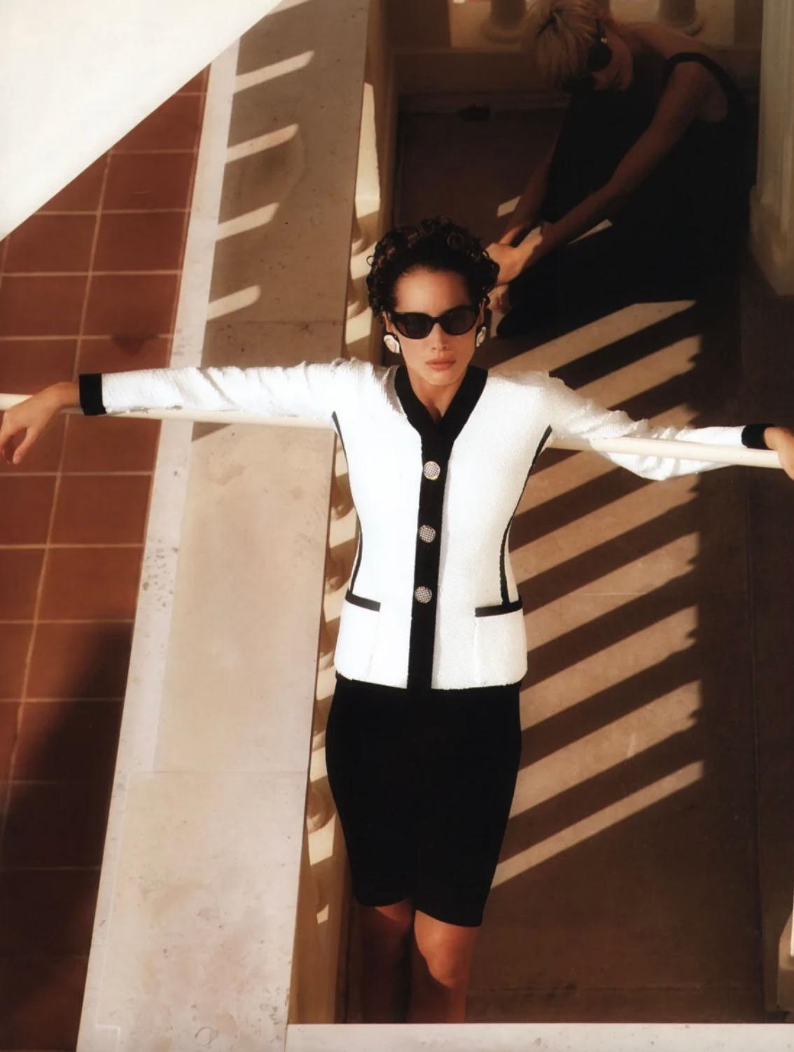 Women's Rare Chanel Vintage S/S 1991 Collector White Black Sequin CC Scuba Jacket