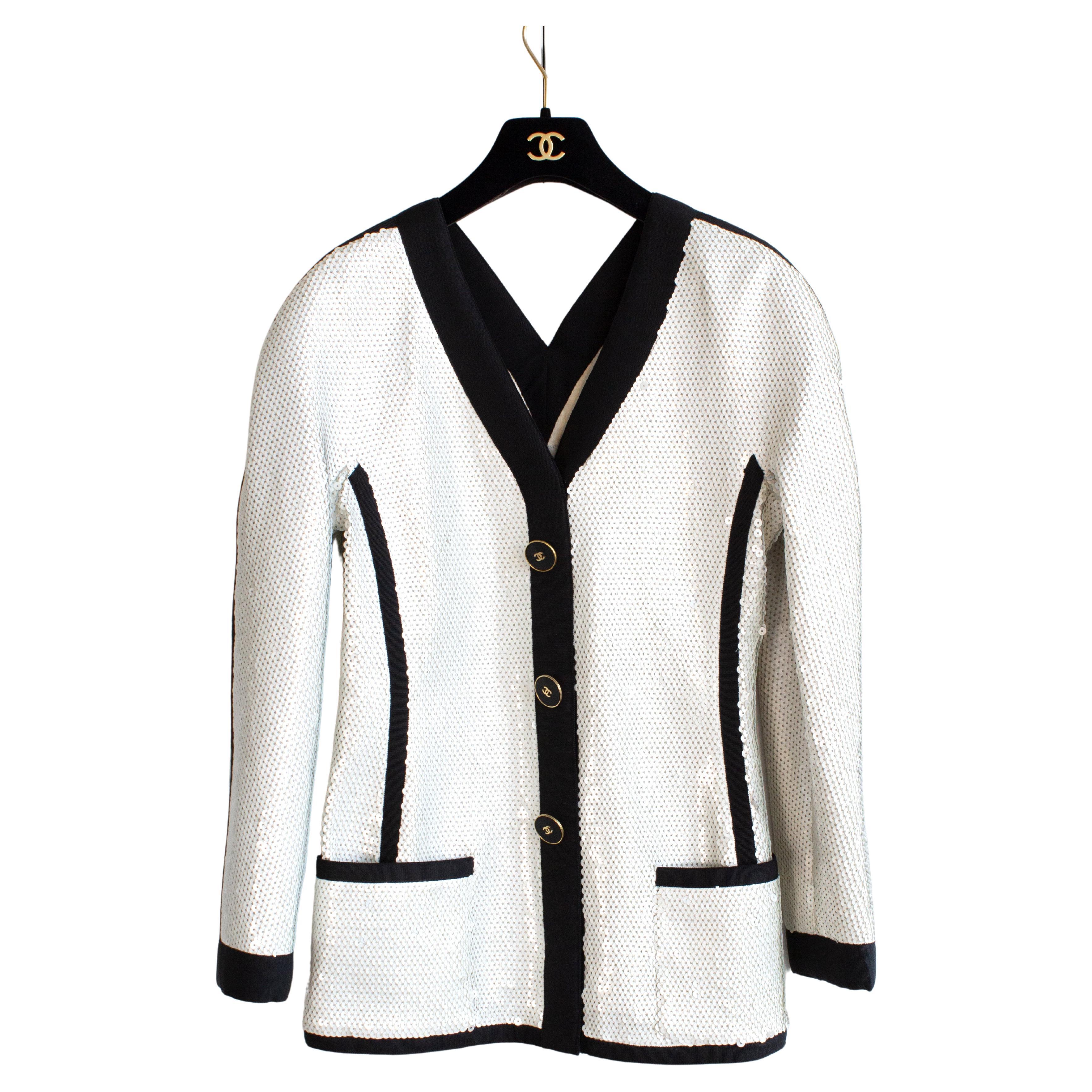 Rare Chanel Vintage S/S 1991 Collector White Black Sequin CC Scuba Jacket