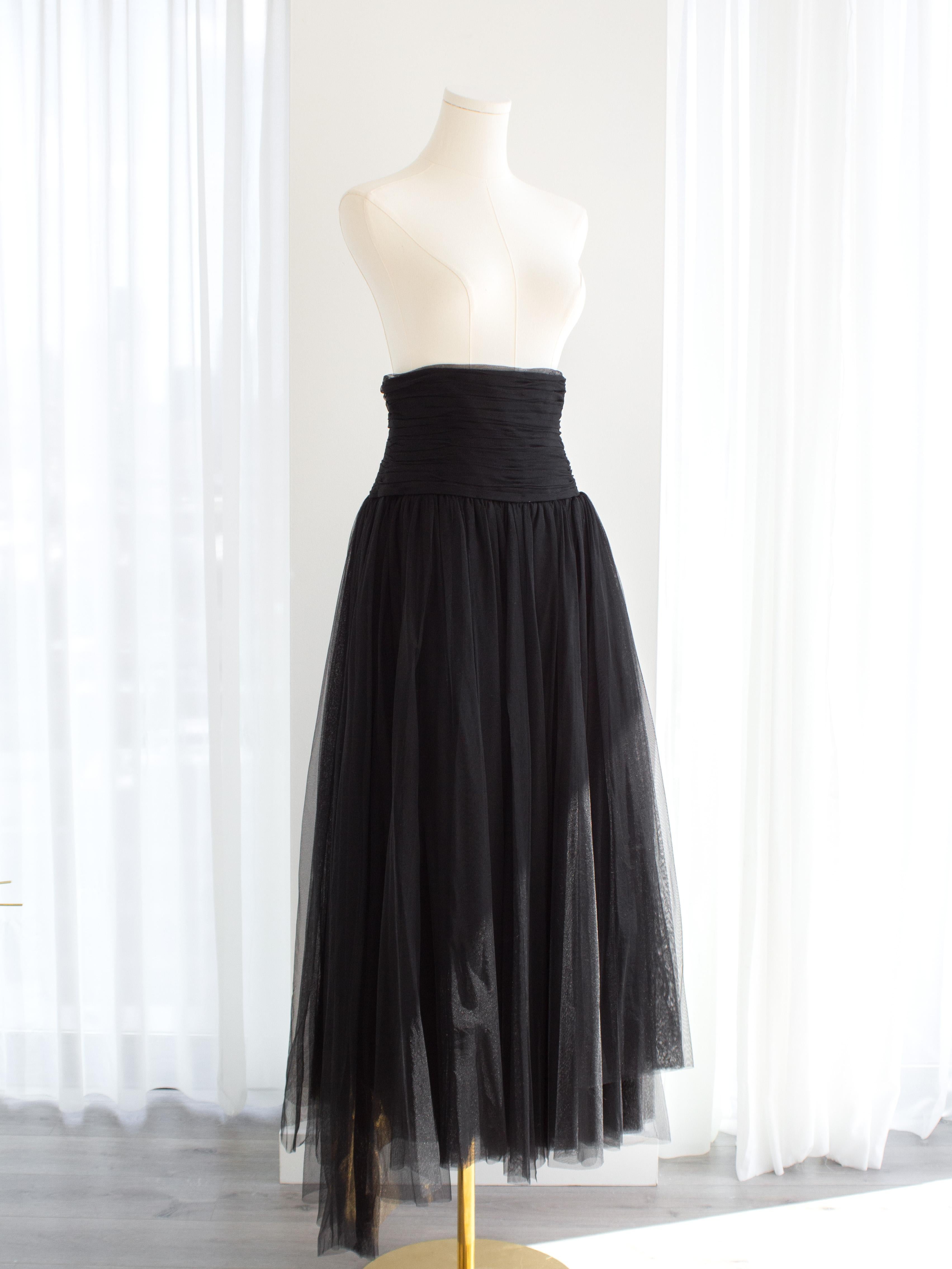 Women's Rare Chanel Vintage S/S 1992 Black Tulle Corseted Maxi Skirt For Sale