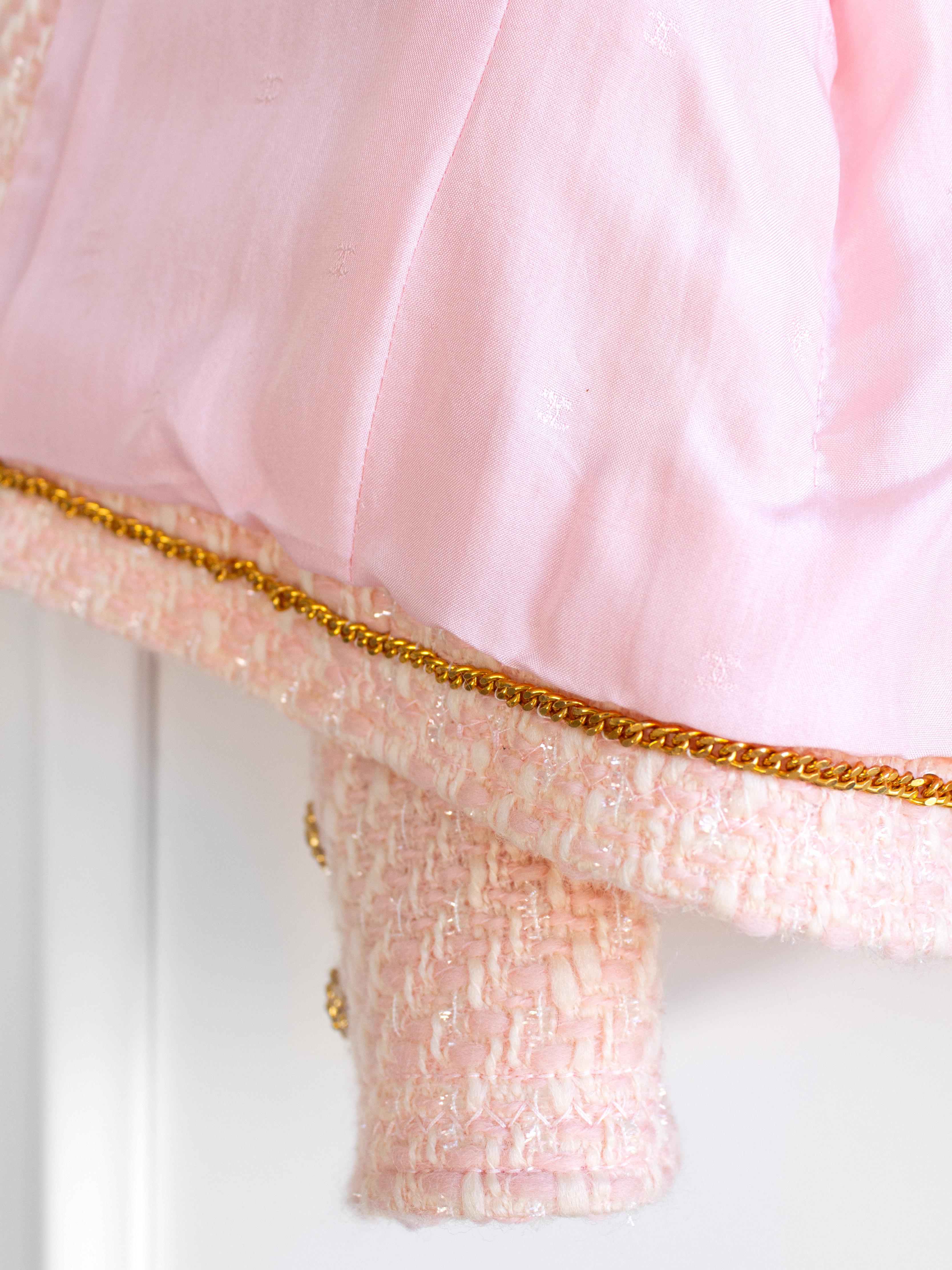 Rare Chanel Vintage S/S 1992 Pink Tweed Gold Camellia Jacket Skirt Suit For Sale 6