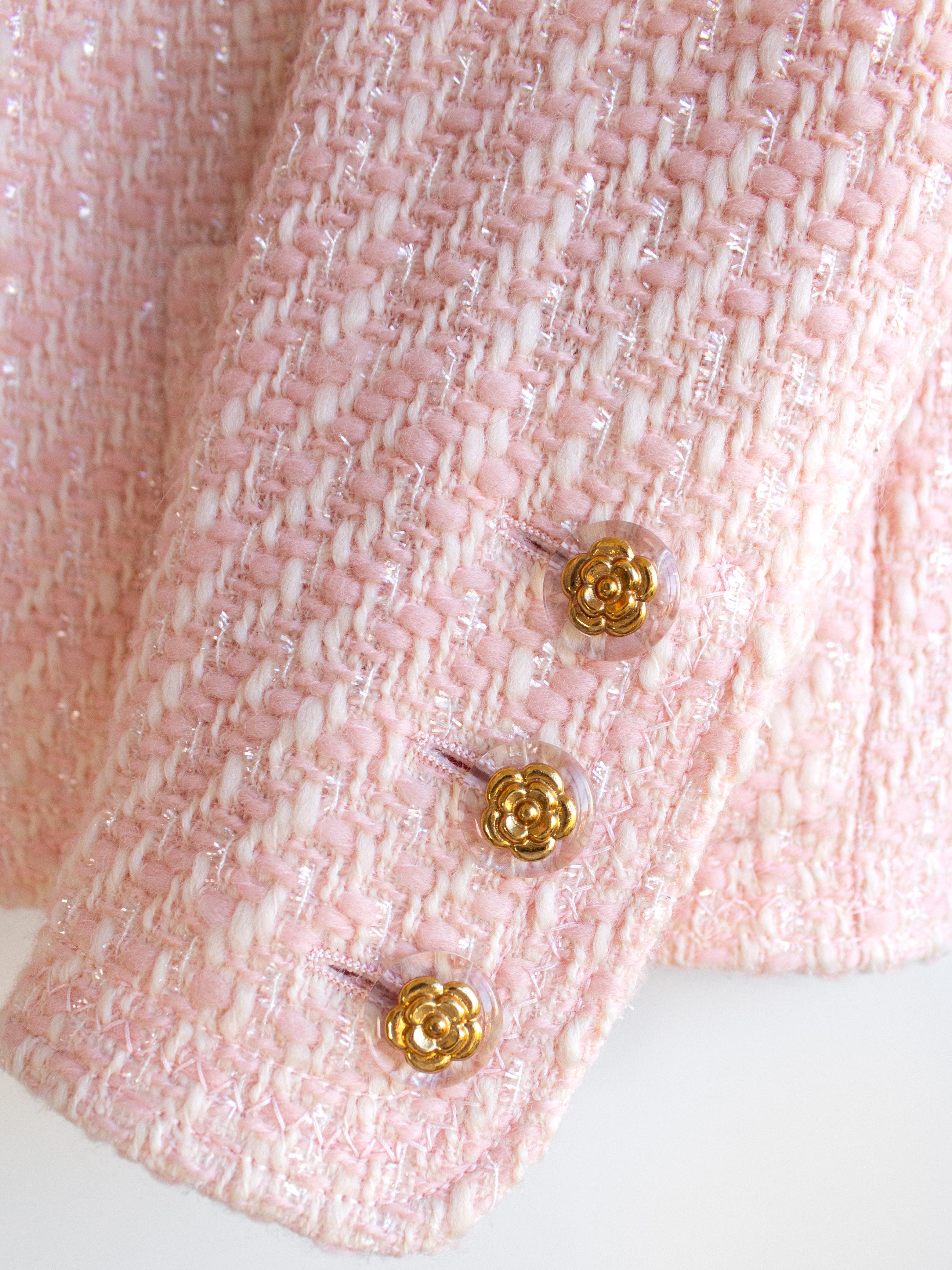 Rare Chanel Vintage S/S 1992 Pink Tweed Gold Camellia Jacket Skirt Suit For Sale 7