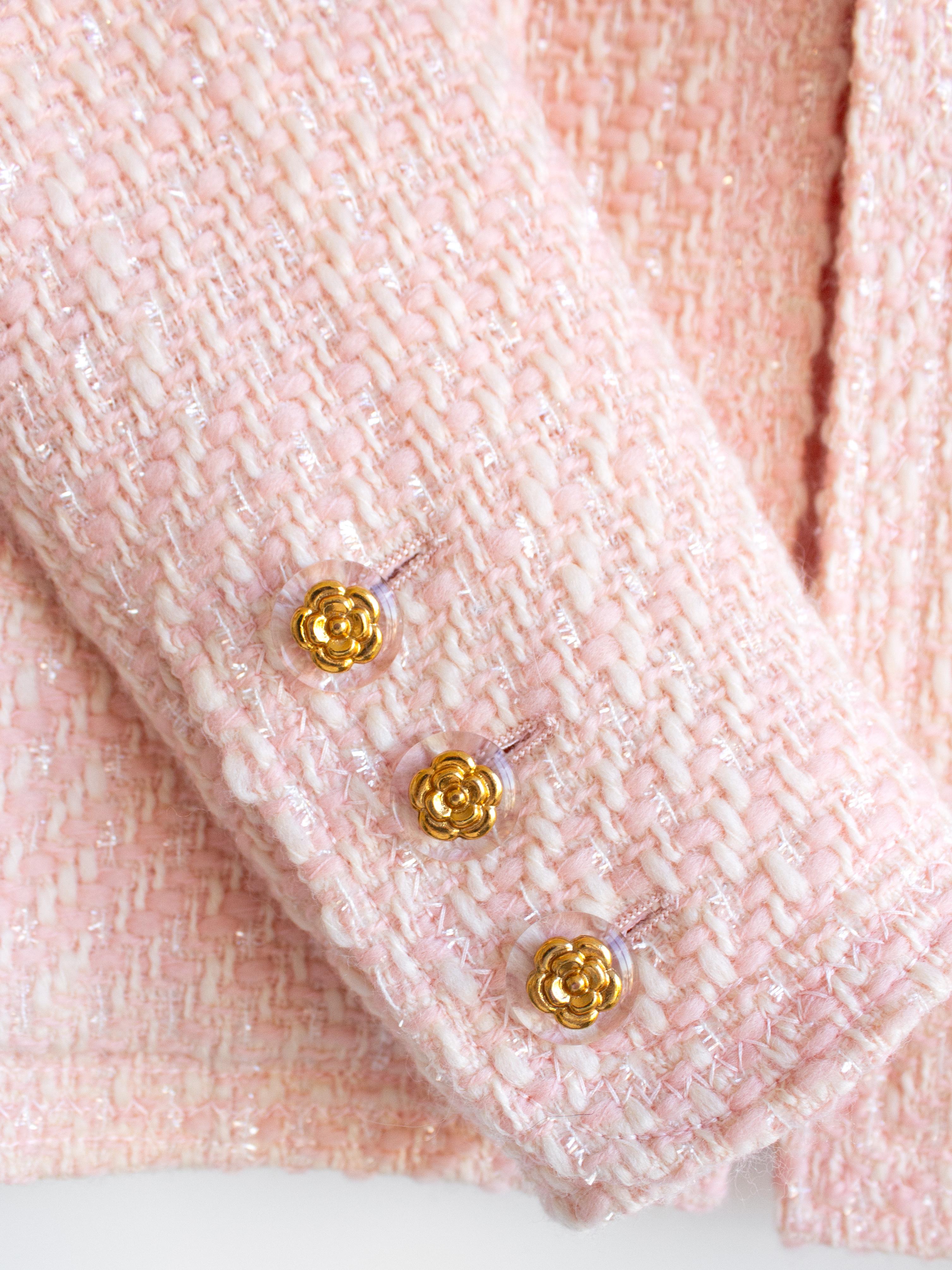 Rare Chanel Vintage S/S 1992 Pink Tweed Gold Camellia Jacket Skirt Suit For Sale 8