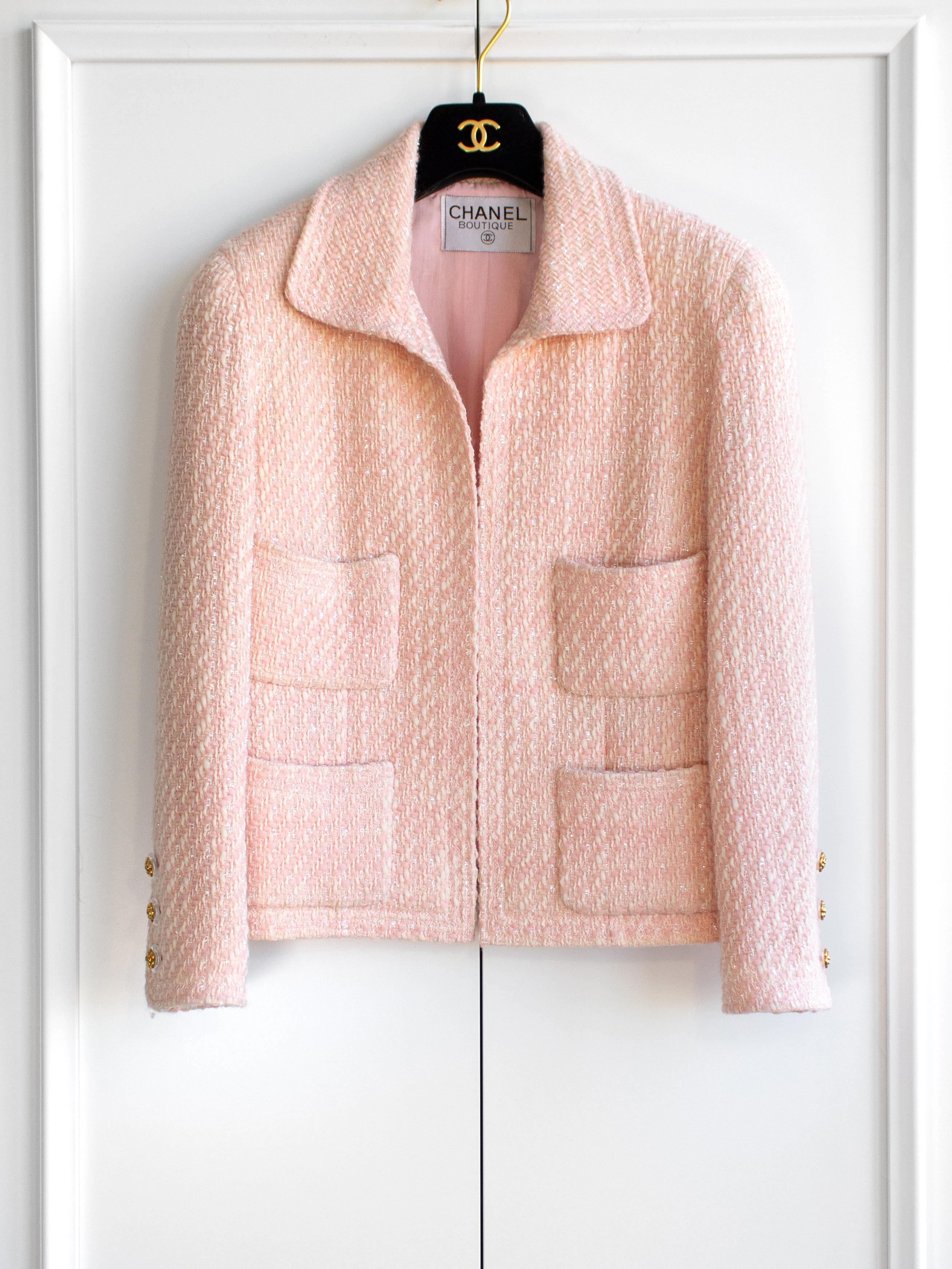 Rare Chanel Vintage S/S 1992 Pink Tweed Gold Camellia Jacket Skirt Suit For Sale 1