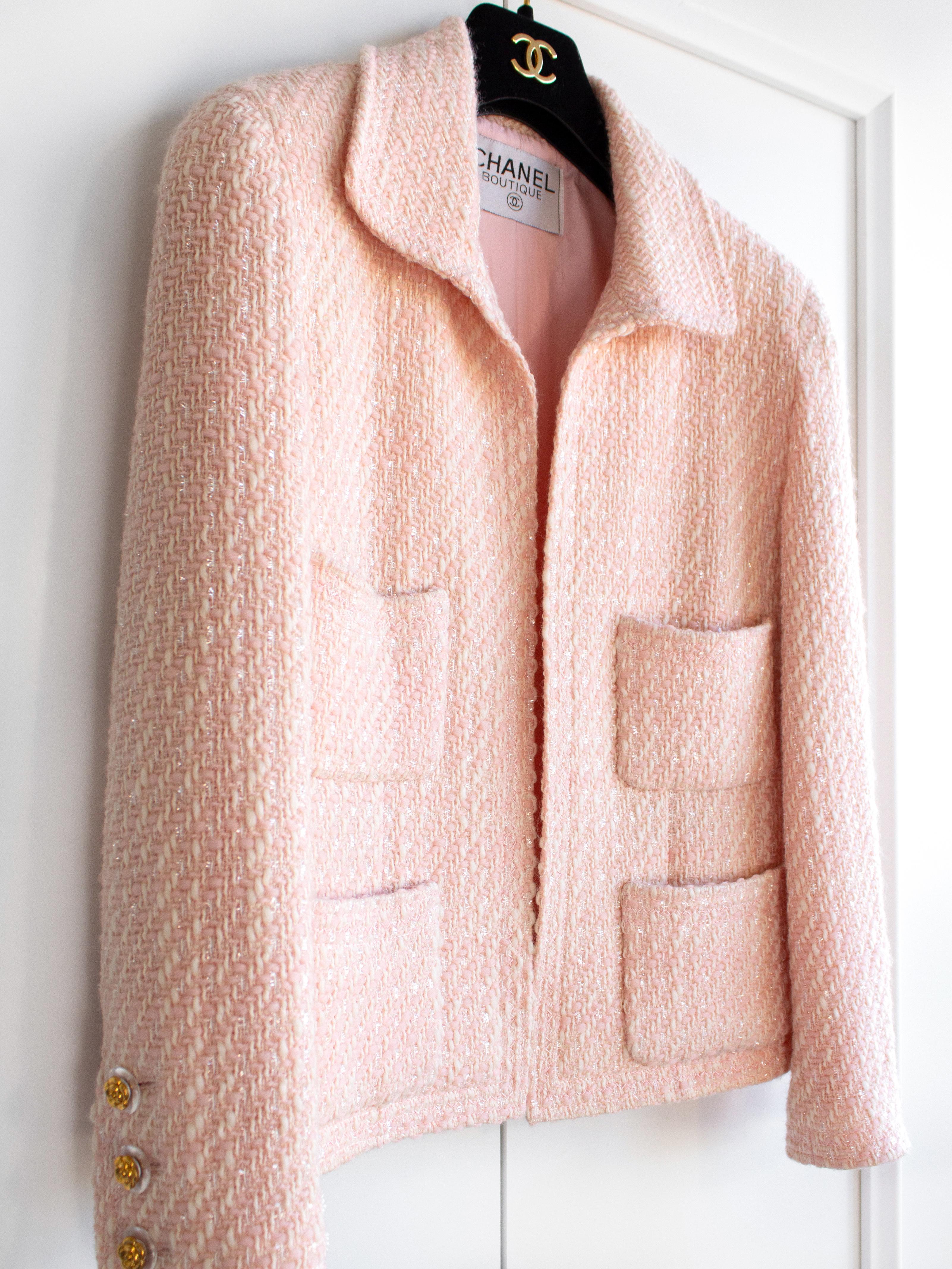Rare Chanel Vintage S/S 1992 Pink Tweed Gold Camellia Jacket Skirt Suit For Sale 3