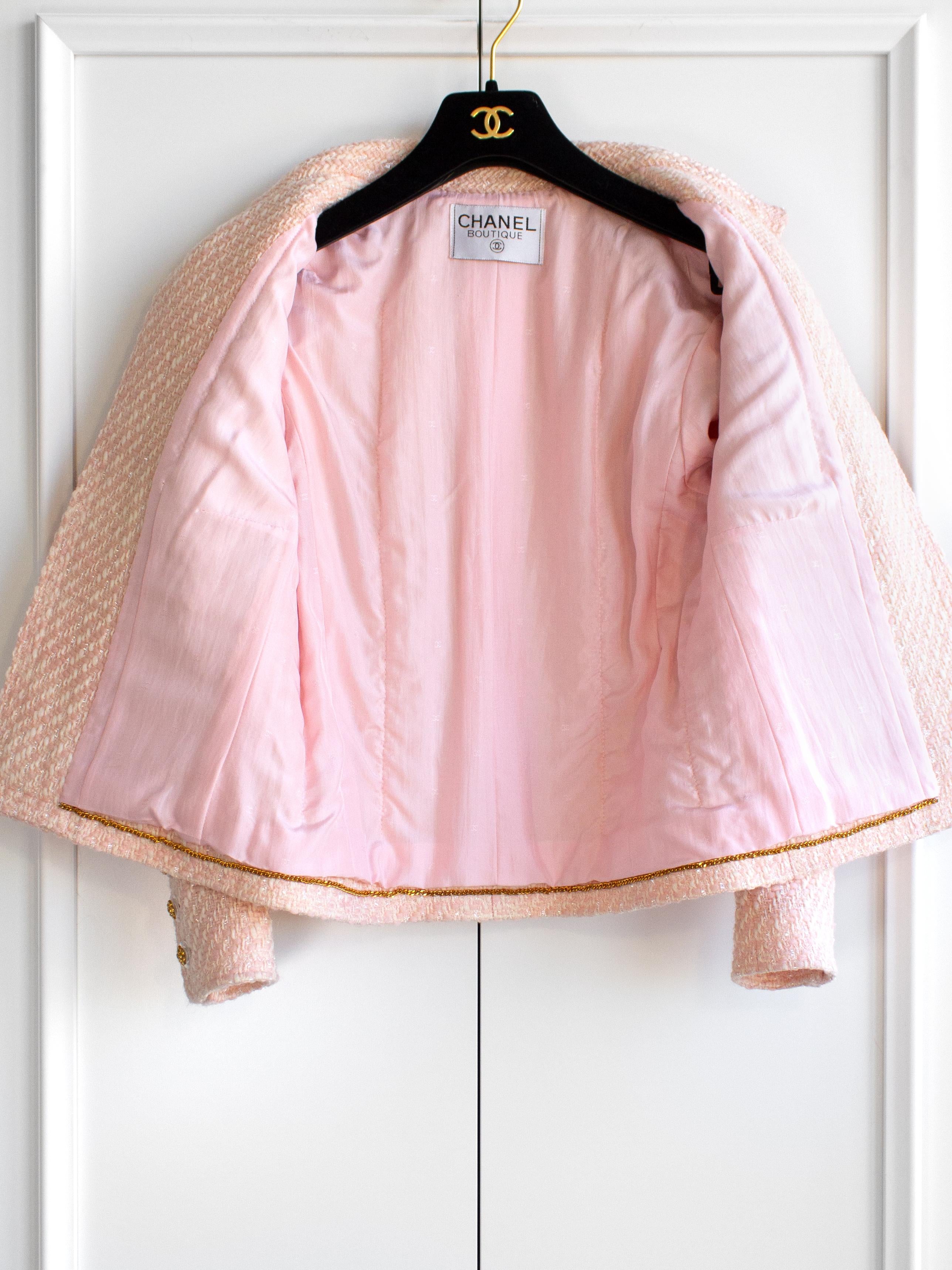 Rare Chanel Vintage S/S 1992 Pink Tweed Gold Camellia Jacket Skirt Suit For Sale 5