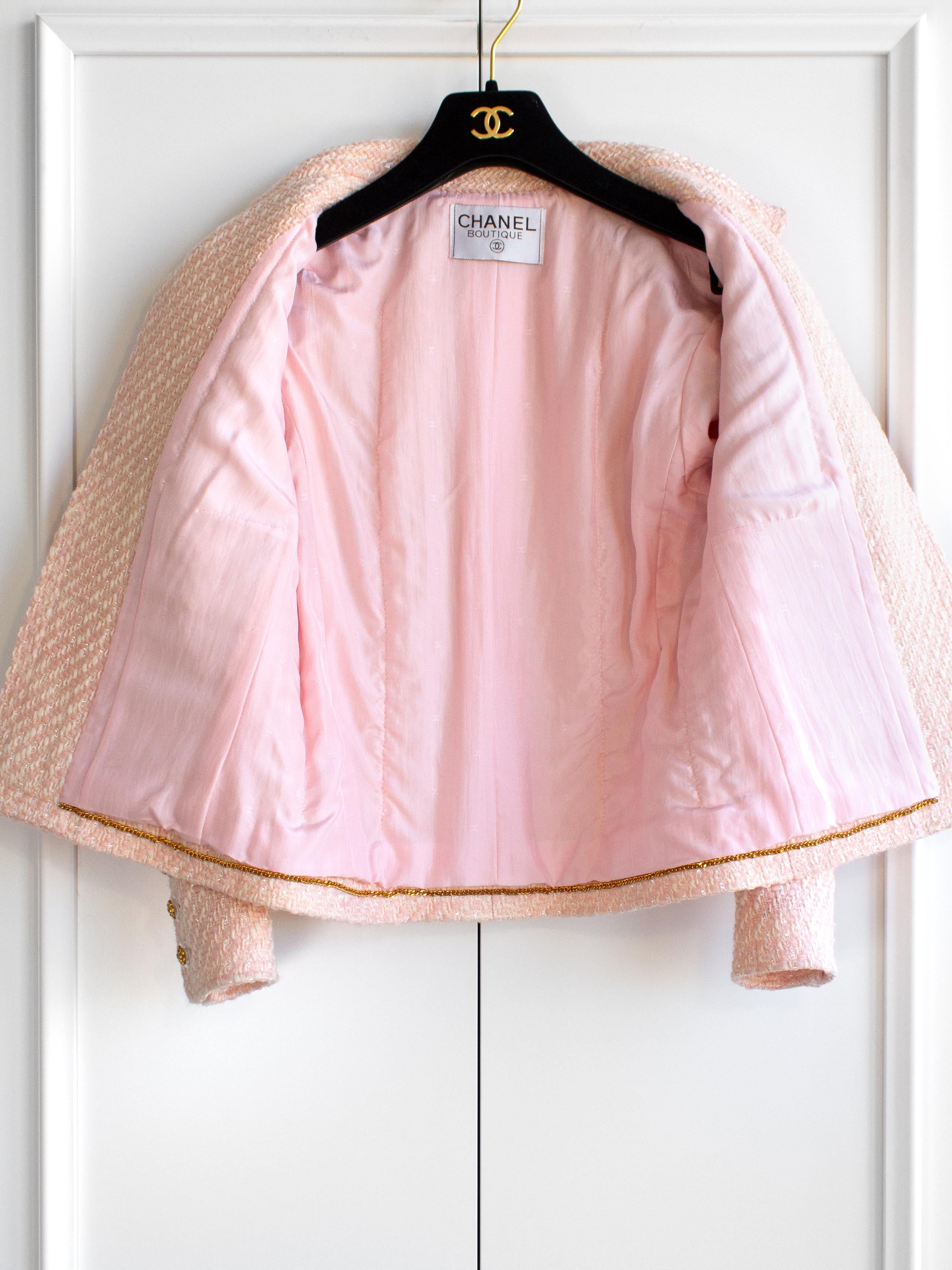 Rare Chanel Vintage S/S 1992 Pink Tweed Gold Camellia Jacket Skirt Suit 5