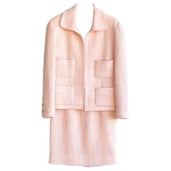 Rare Chanel Vintage S/S 1992 Pink Tweed Gold Camellia Jacket Skirt Suit