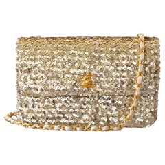 Rare Chanel Used S/S1991 Champagne Gold Sequin Medium Flap Bag