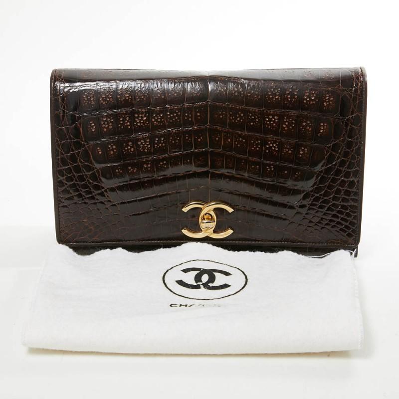 Black Rare Chanel Vintage Shiny Brown Crocodile Timeless Bag
