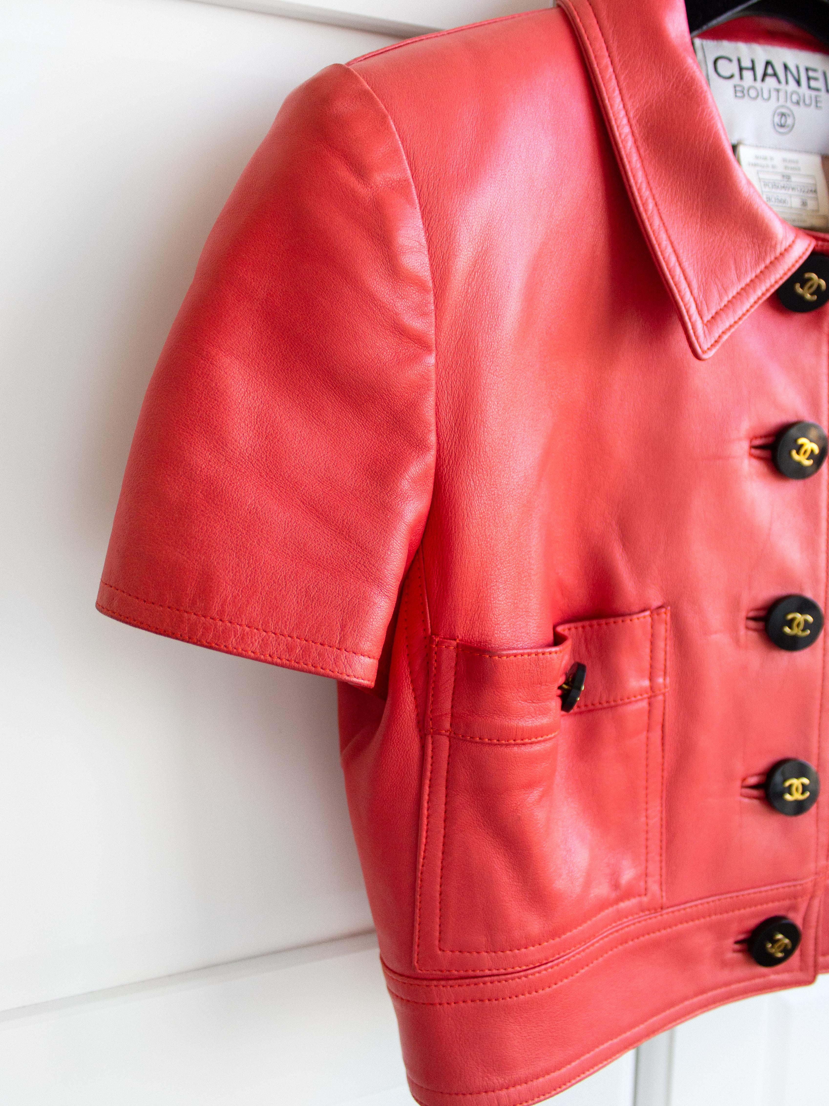 Rare Chanel Vintage Spring 1995 Red Lambskin Leather CC Logo 95P Cropped Jacket 1