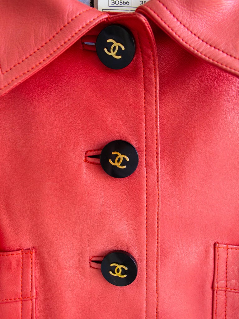 Rare Chanel Vintage Spring 1995 Red Lambskin Leather CC Logo 95P Cropped  Jacket at 1stDibs