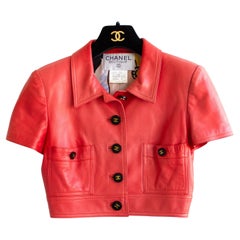 Rare Chanel Vintage Spring 1995 Red Lambskin Leather CC Logo 95P Cropped Jacket