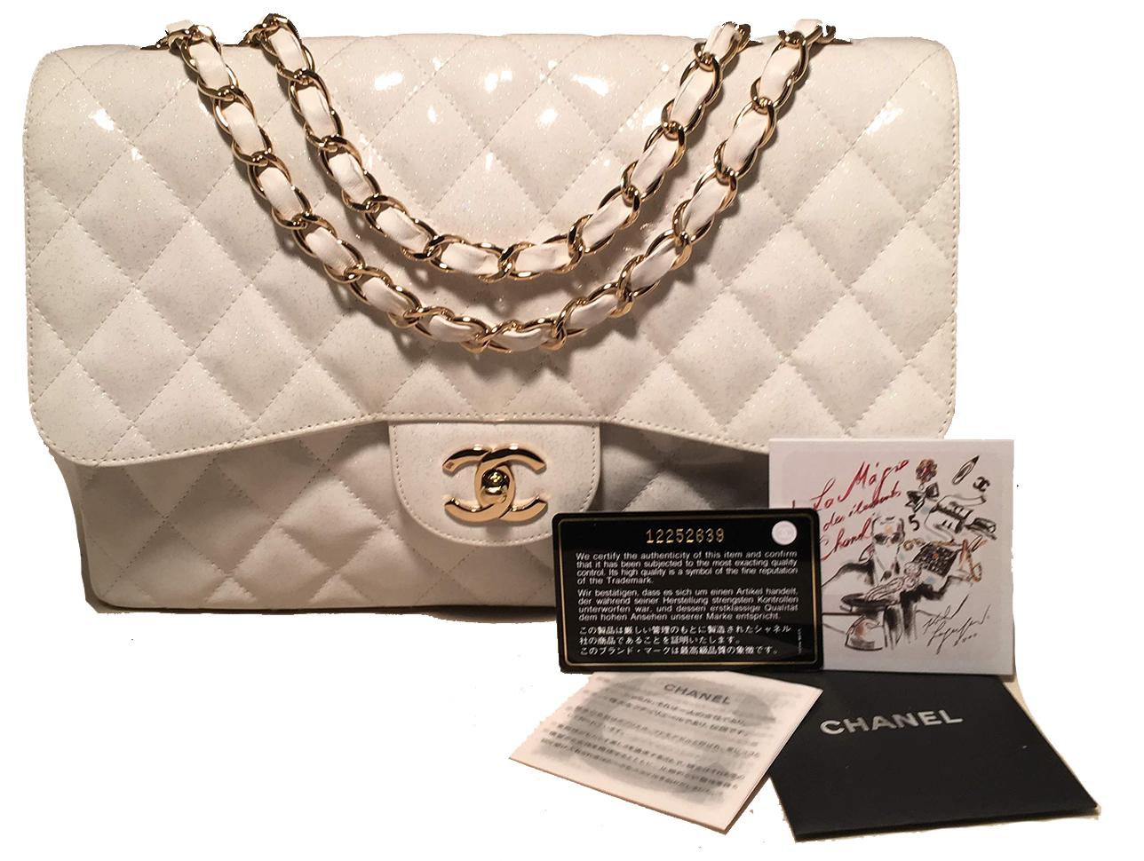 RARE Chanel White Glitter Patent Leather Maxi Classic Flap Shoulder Bag 4