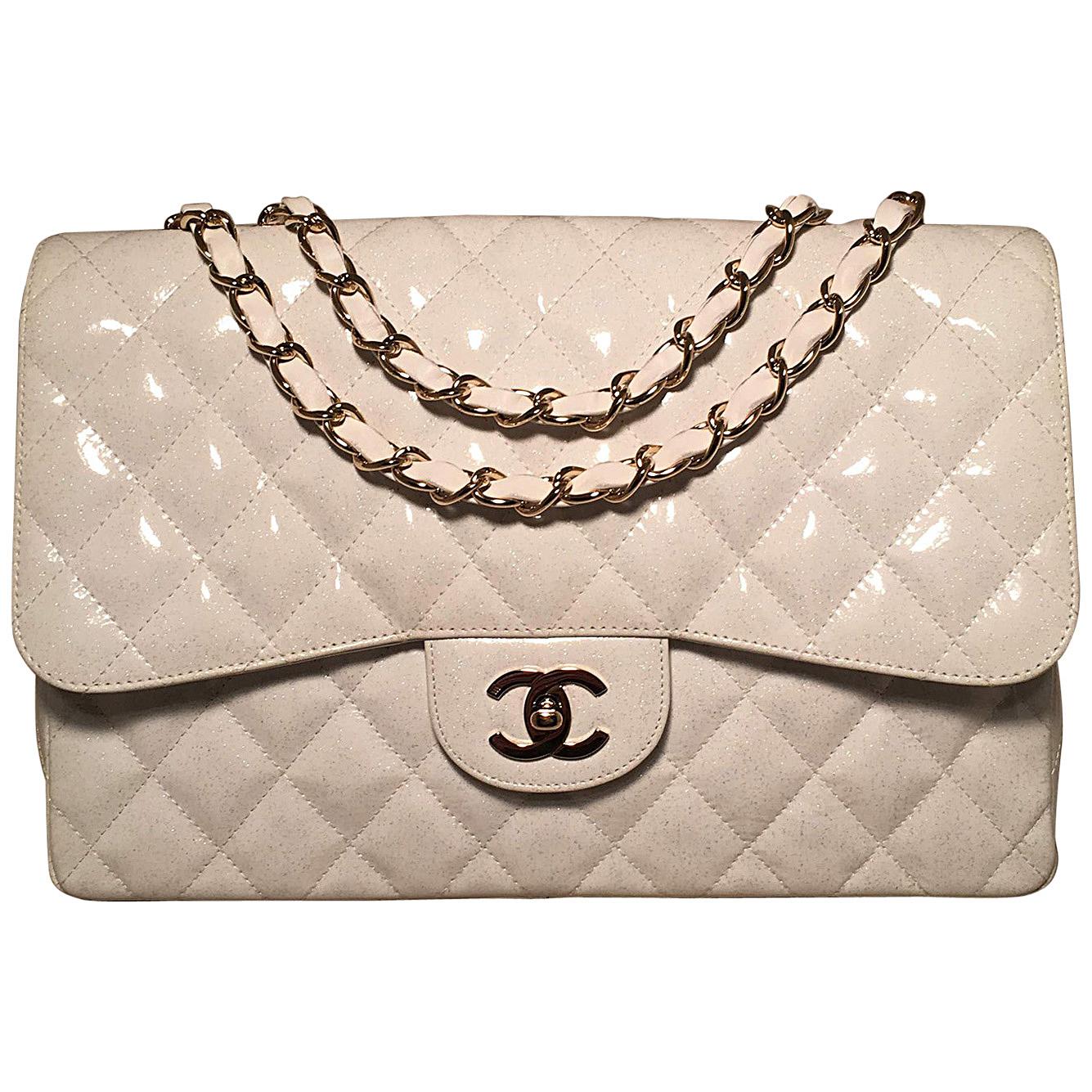 RARE Chanel White Glitter Patent Leather Maxi Classic Flap Shoulder Bag at  1stDibs