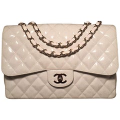 RARE Chanel White Glitter Patent Leather Maxi Classic Flap Shoulder Bag