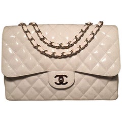 RARE Chanel White Glitter Patent Leather Maxi Classic Flap Shoulder Bag