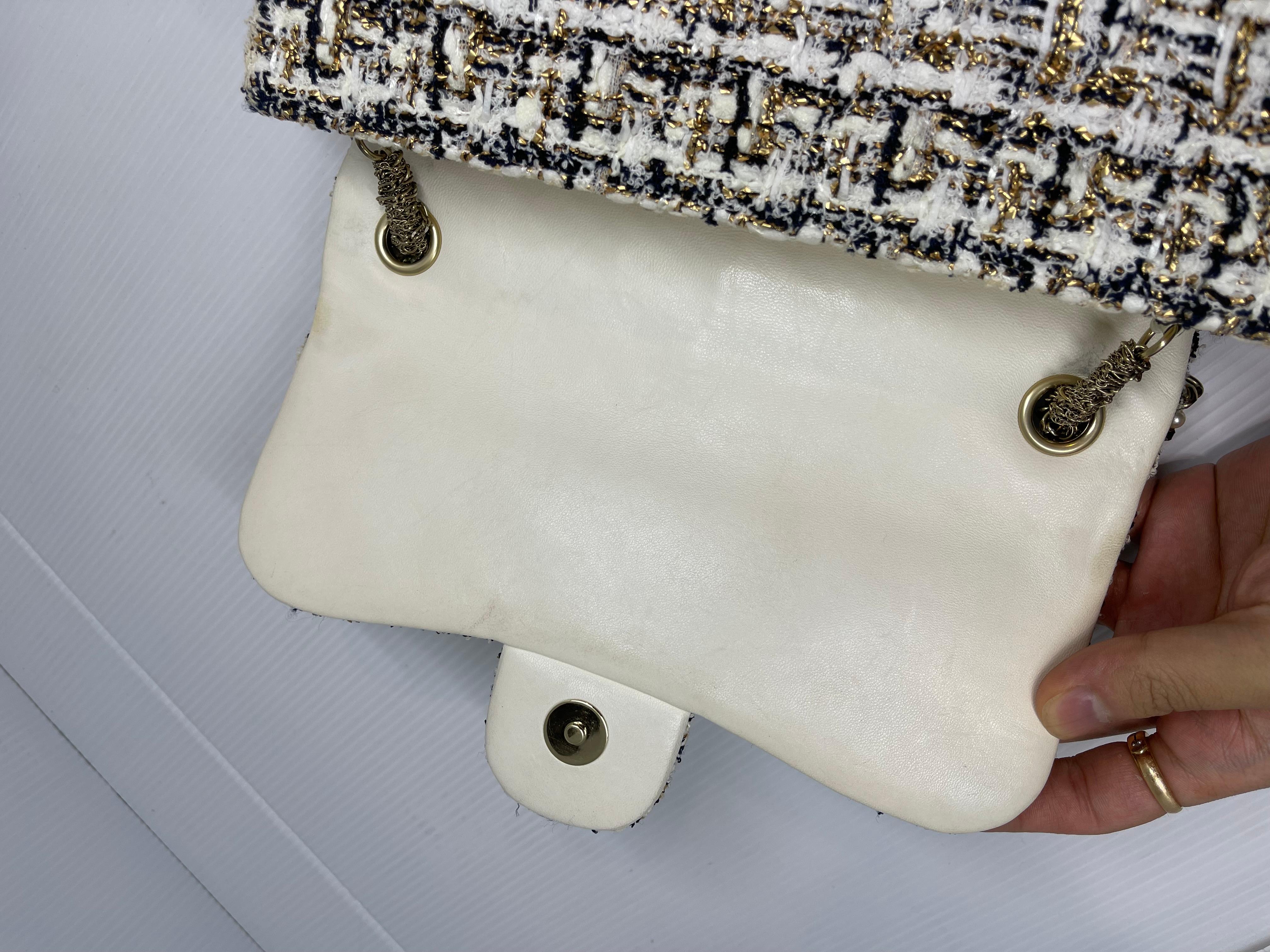 Raro Bolso Chanel Blanco Tweed Medio Westminister Flap Gris