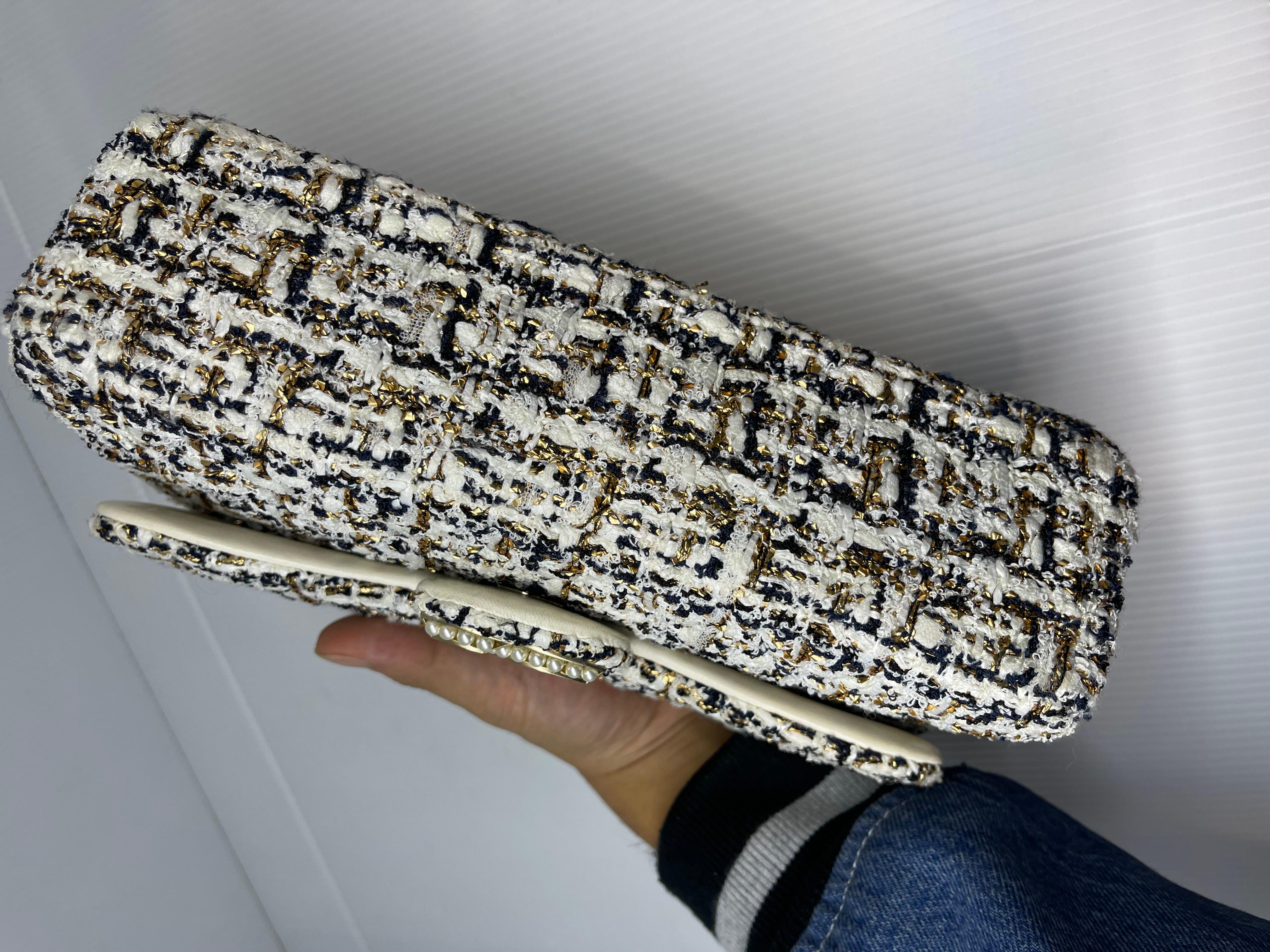 Raro Bolso Chanel Blanco Tweed Medio Westminister Flap 2