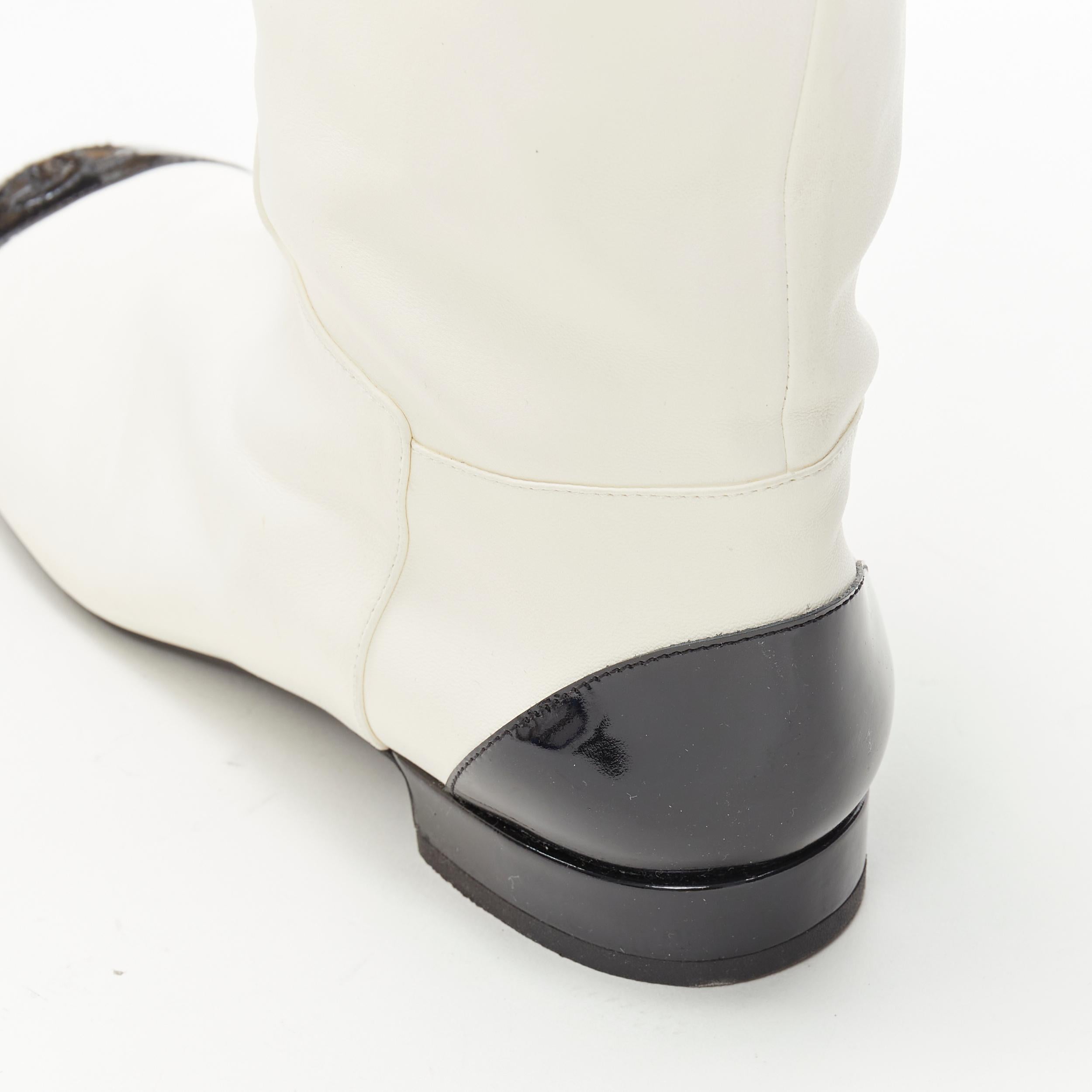 Women's rare CHANEL white soft leather CC logo patent toe cap pull on flat boots EU38