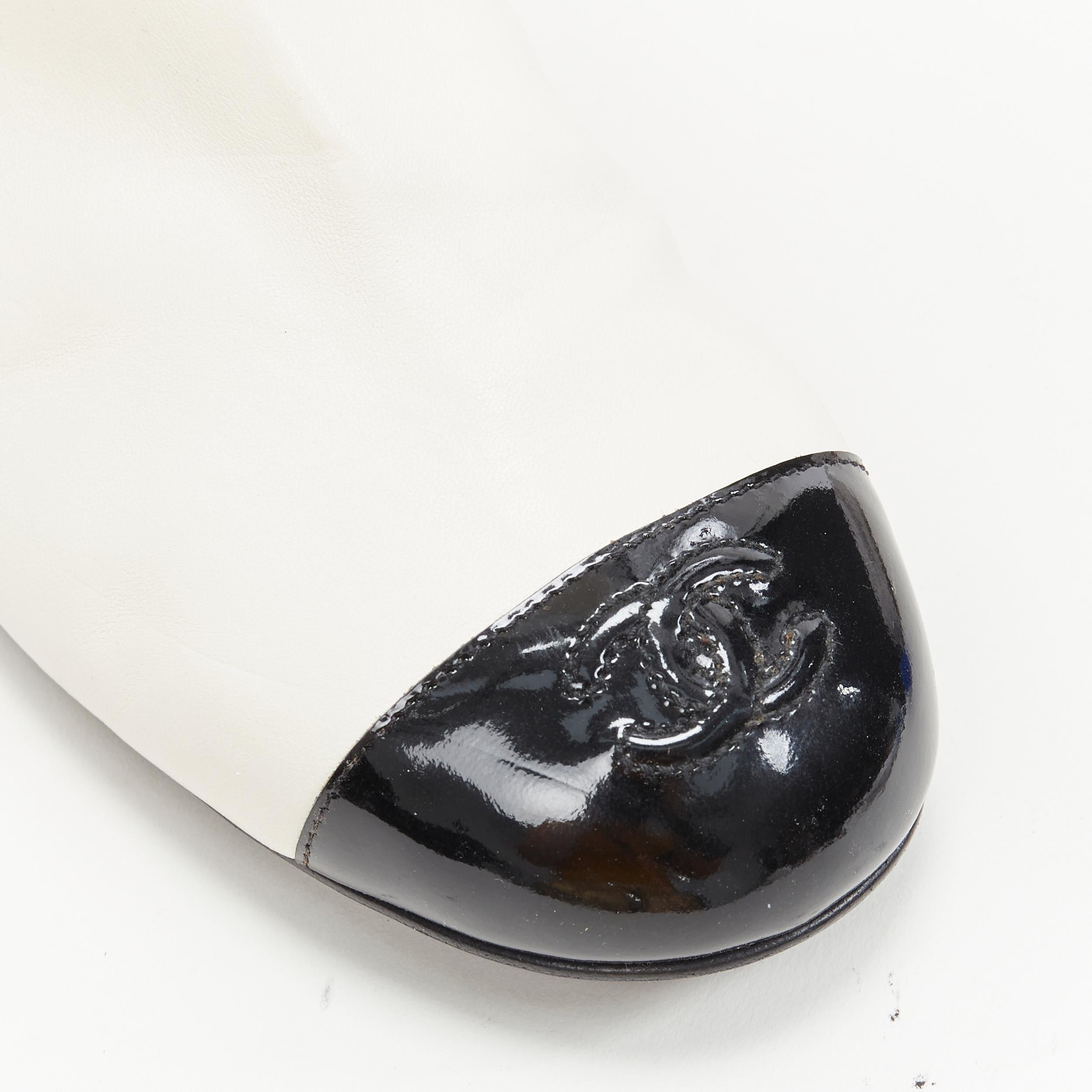 rare CHANEL white soft leather CC logo patent toe cap pull on flat boots EU38 1