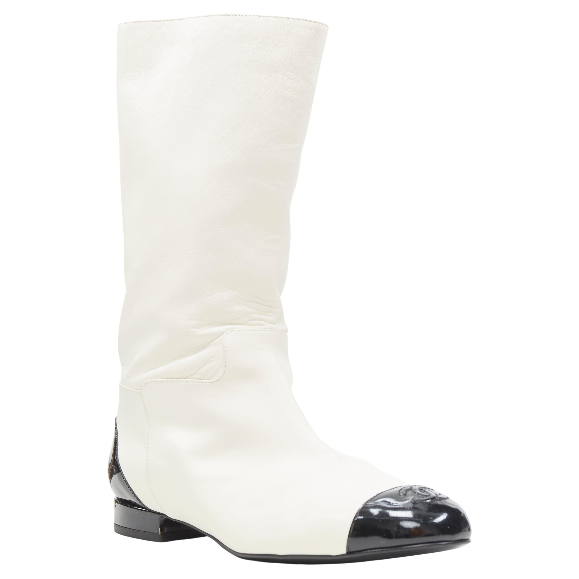 rare CHANEL white soft leather CC logo patent toe cap pull on flat boots  EU38 at 1stDibs