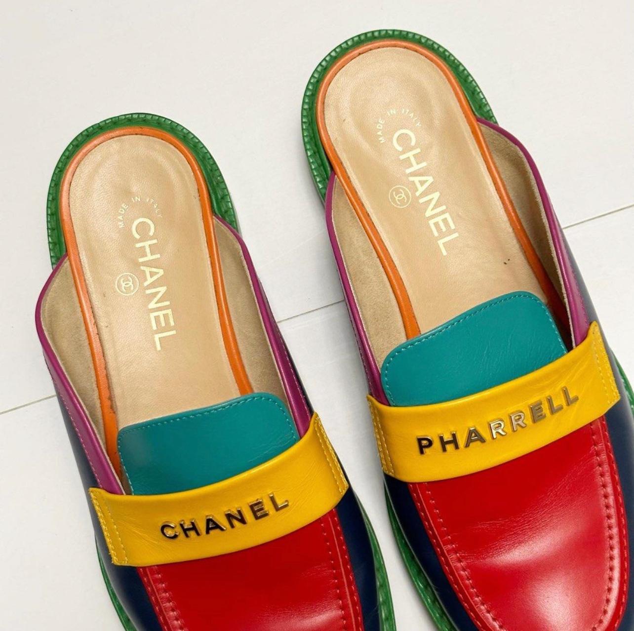 Rare Chanel x Pharrell Williams Multicolor Leather Mules Size 42 2