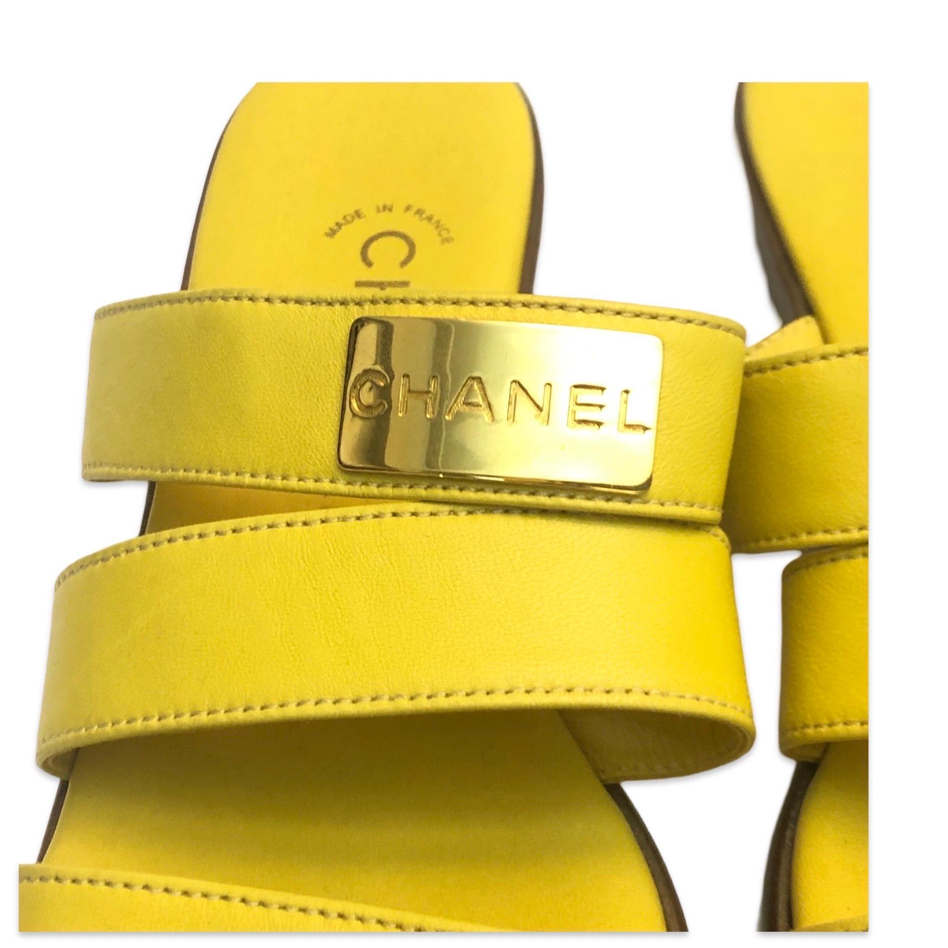 - What do we really need in a hot summer ? Our pick would definitely be wearing a  pair of bright colour and chic sandals that can be able to walk on the beach and can convert into a fun night outfit afterwards. This pair of yellow lambskin Chanel