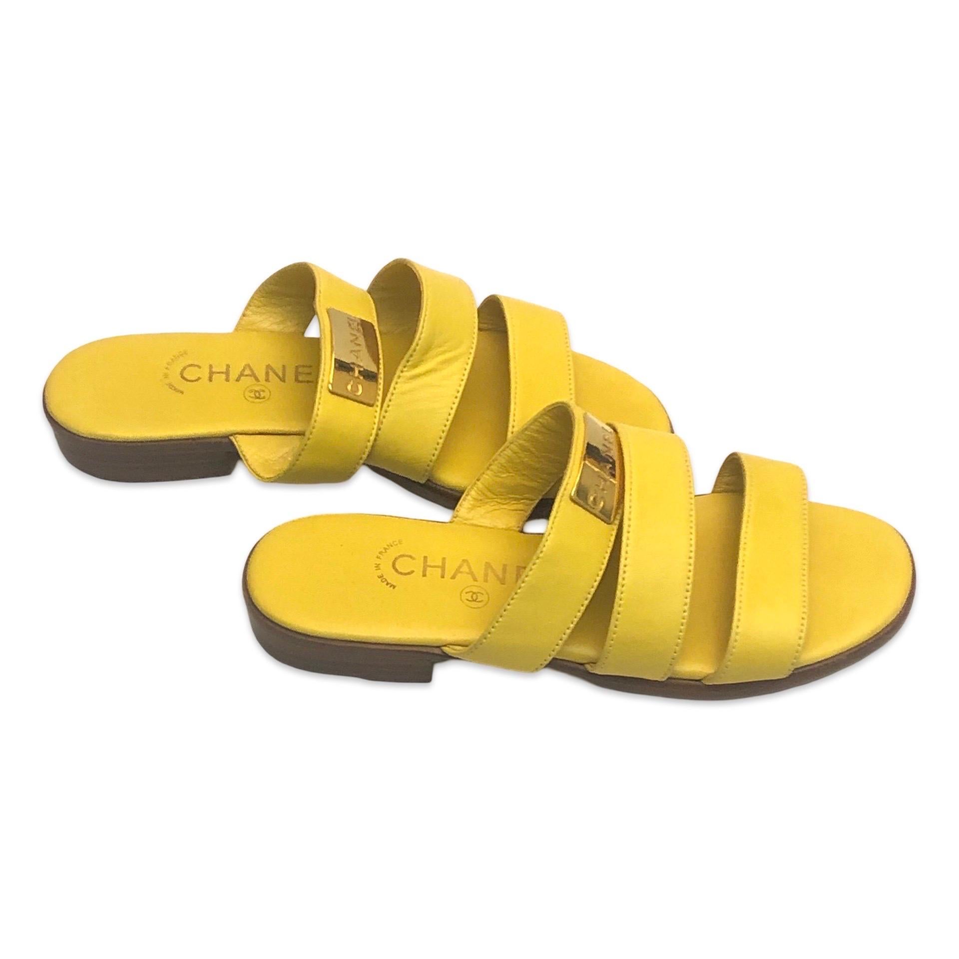 Yellow Rare Chanel yellow lambskin strap sandals For Sale