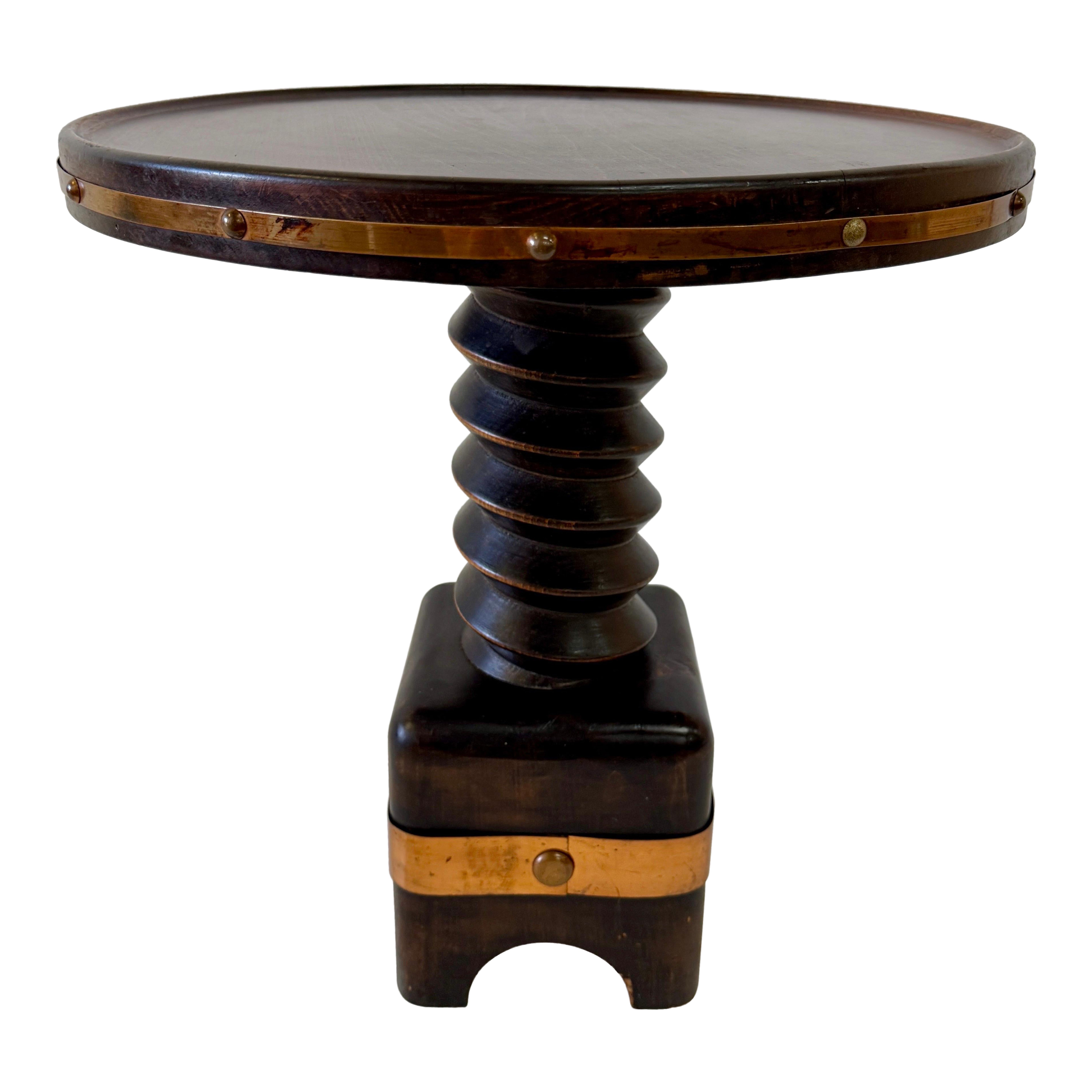 RARE Charles Dudouyt "Corkscrew" Table in Dark Walnut & Copper Trim