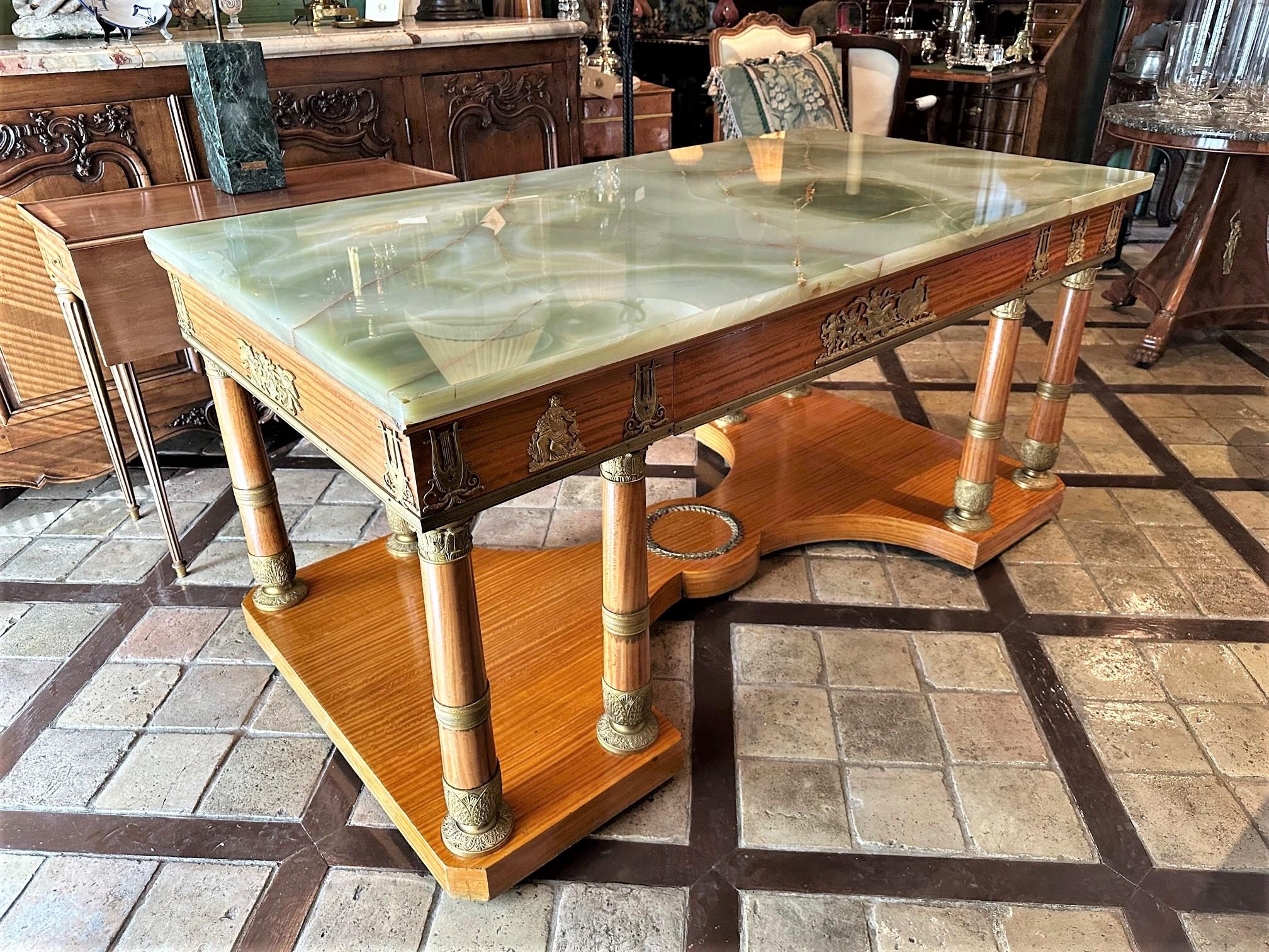 Rare Charles X Office Partners Desk Center Table Console Wood Onyx Stone Bronze For Sale 4