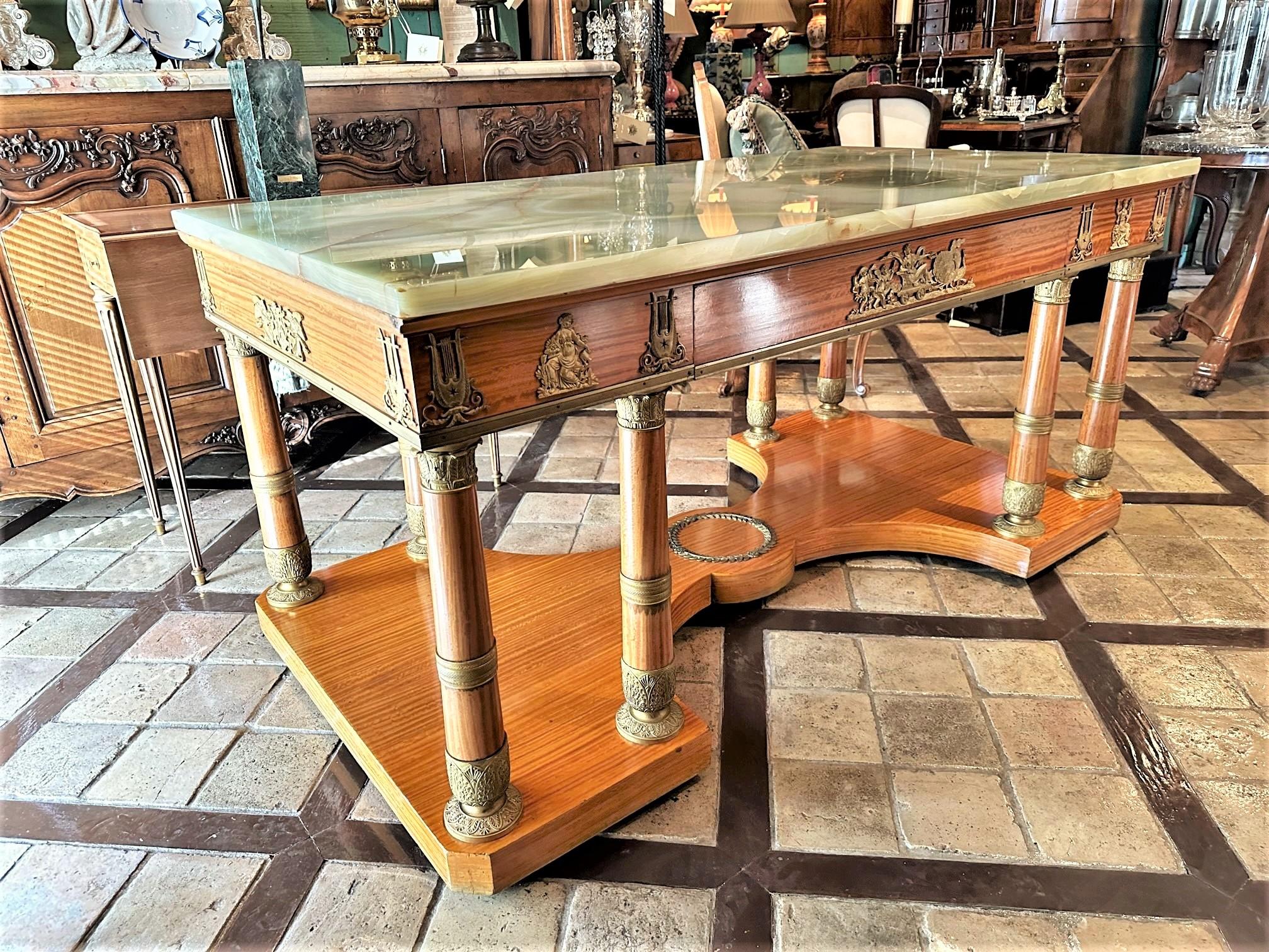 Rare Charles X Office partners desk center table console wood onyx stone bronze. Amboyna is among the most expensive and sought-after of all burls and is frequently sold as veneer or as small turning. Amboyna burl was and still is among the world's