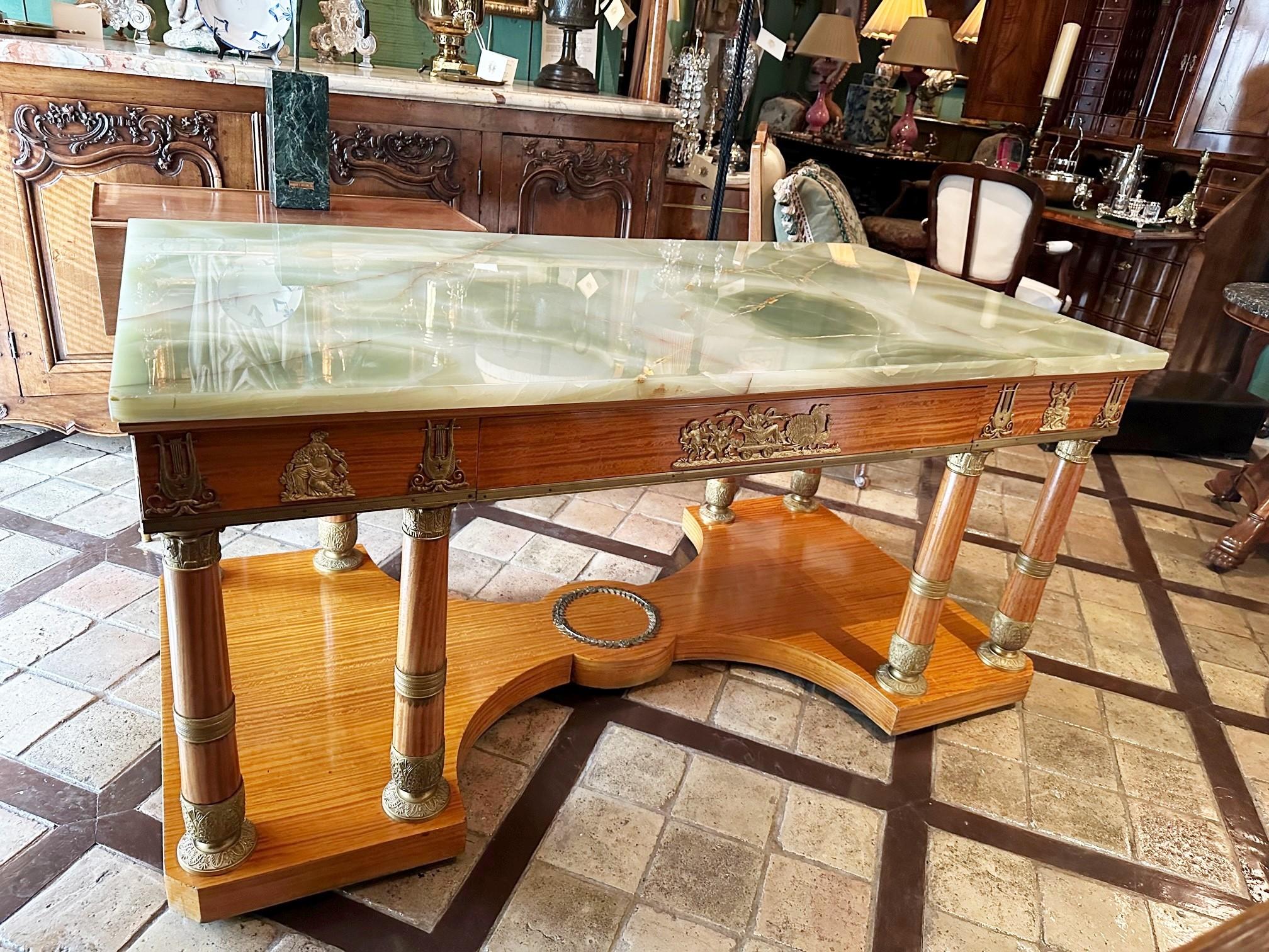 French Rare Charles X Office Partners Desk Center Table Console Wood Onyx Stone Bronze For Sale