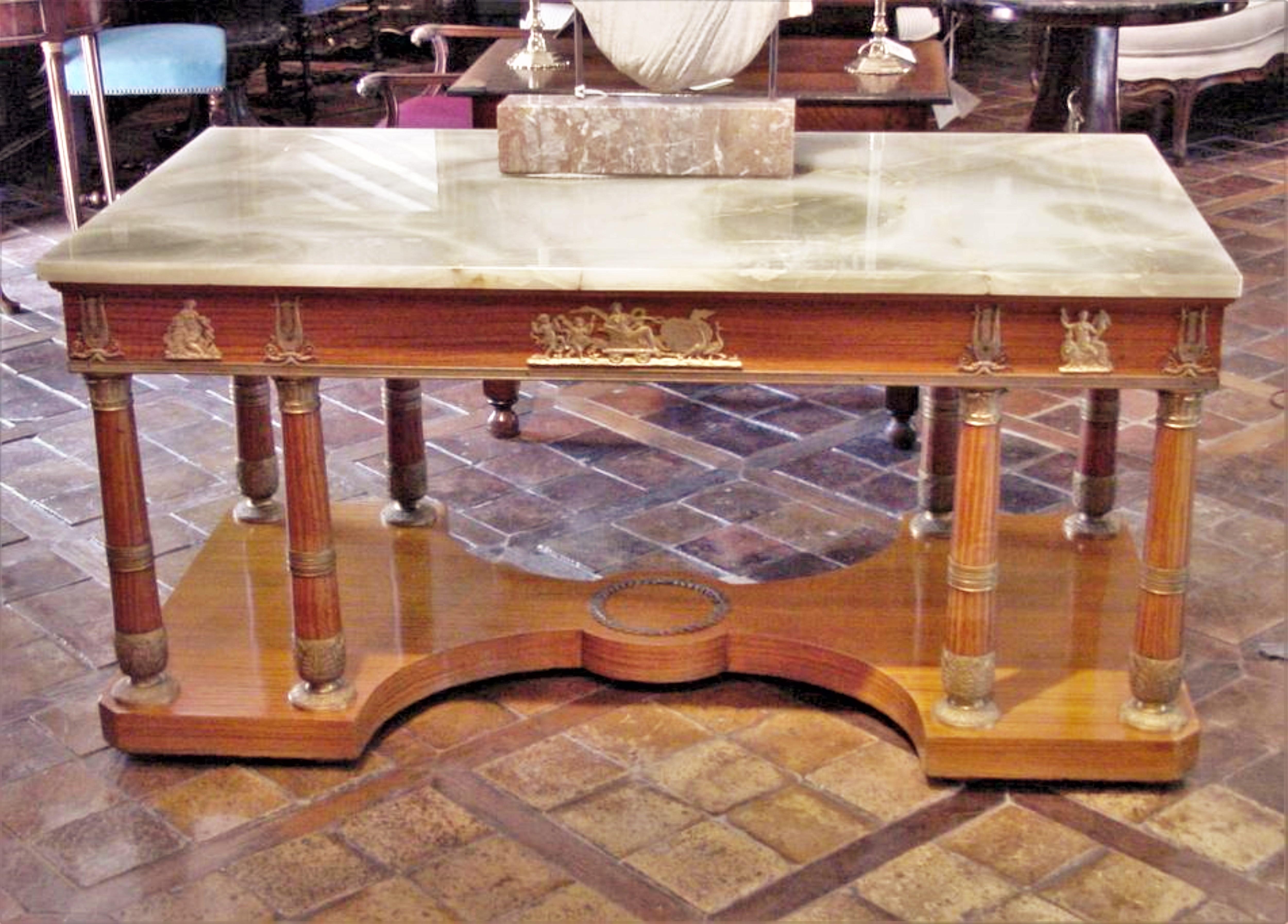 19th Century Rare Charles X Office Partners Desk Center Table Console Wood Onyx Stone Bronze For Sale