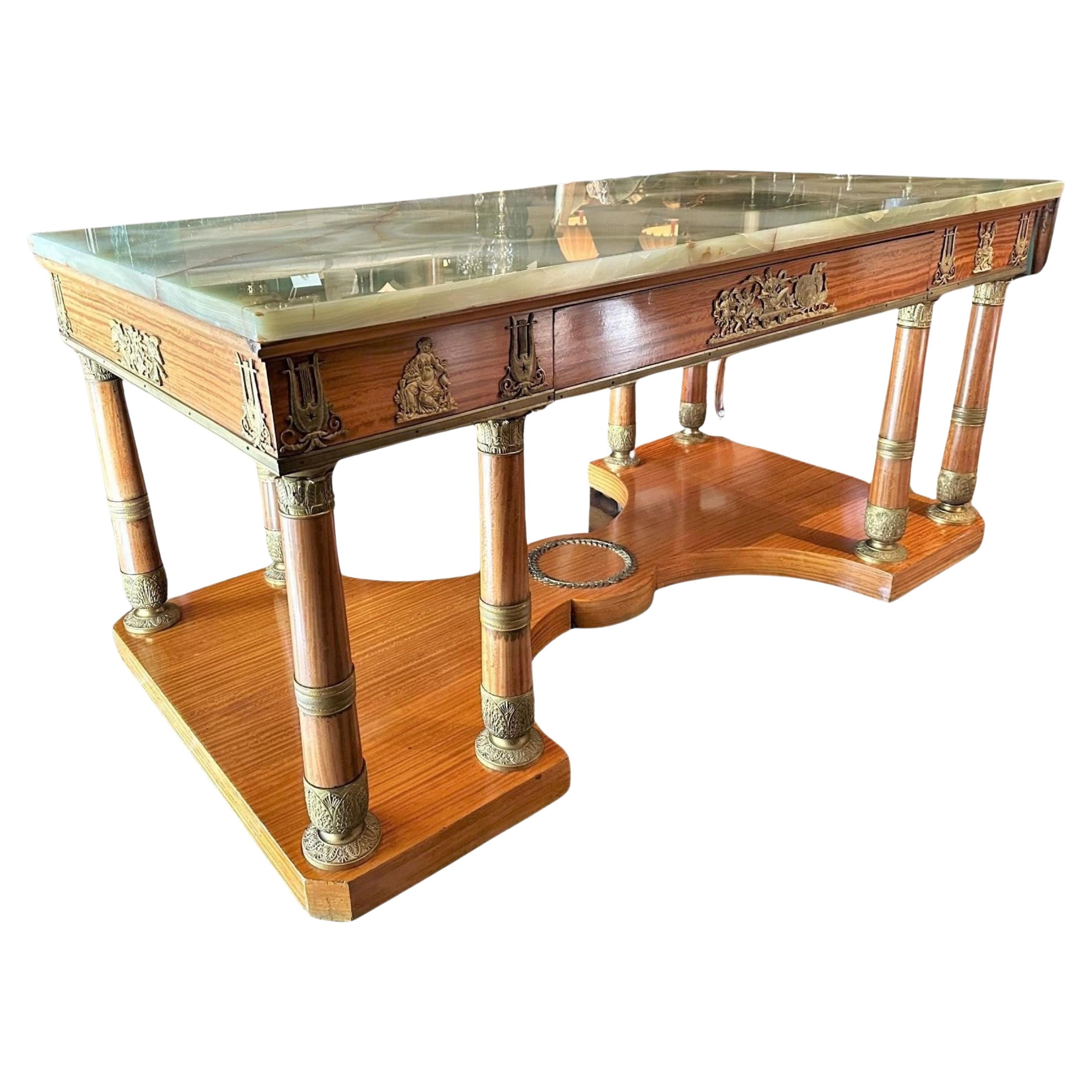 Rare Charles X Office Partners Desk Center Table Console Wood Onyx Stone Bronze For Sale