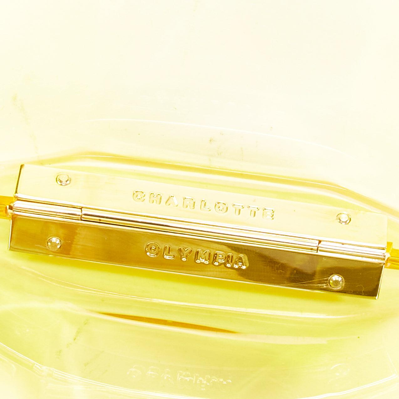 Seltene CHARLOTTE OLYMPIA gelbe Parfümflaschenschachtel-Clutch/Tasche mit Acryl-Logo im Angebot 6