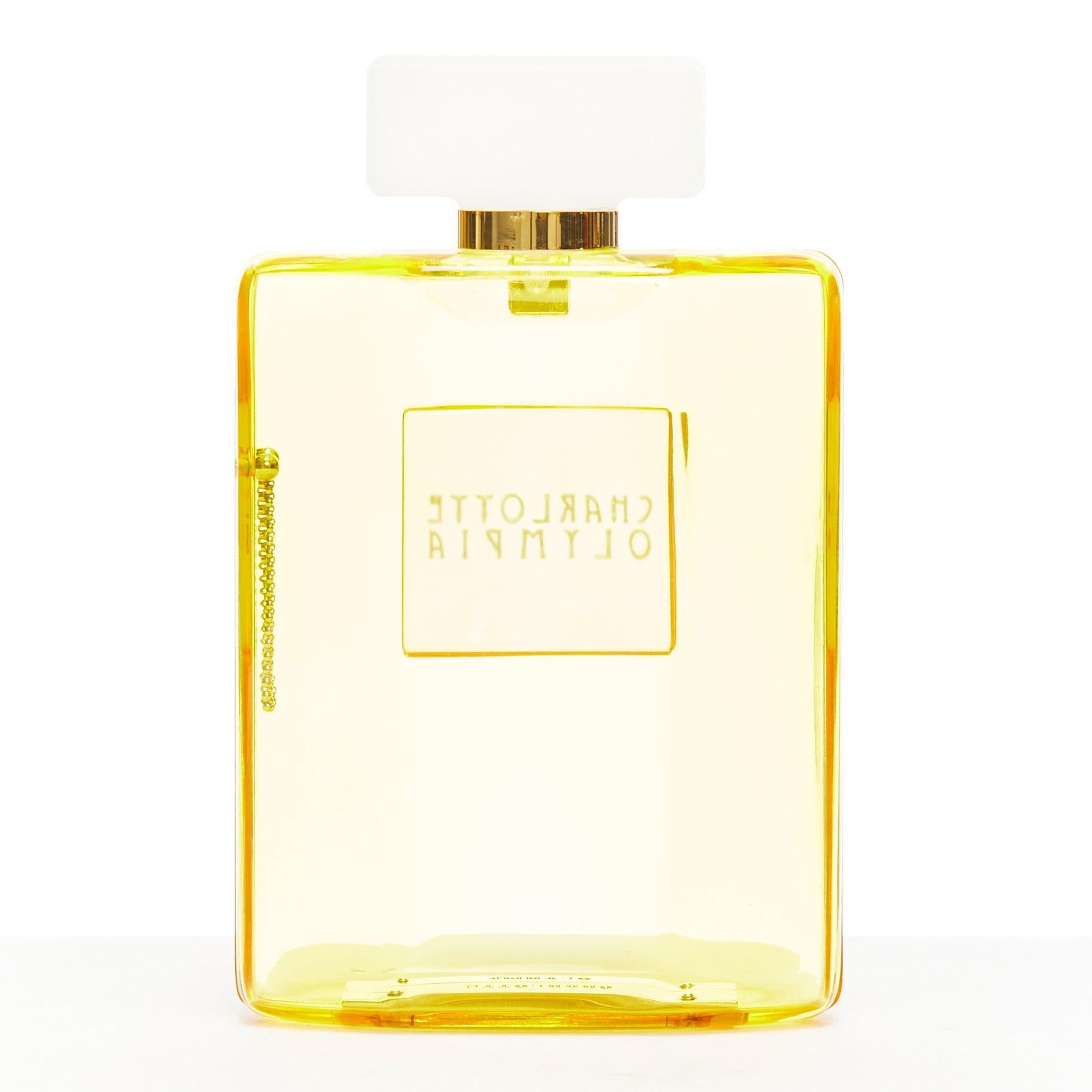 Women's rare CHARLOTTE OLYMPIA yellow acrylic logo perfume bottle box clutch bag
