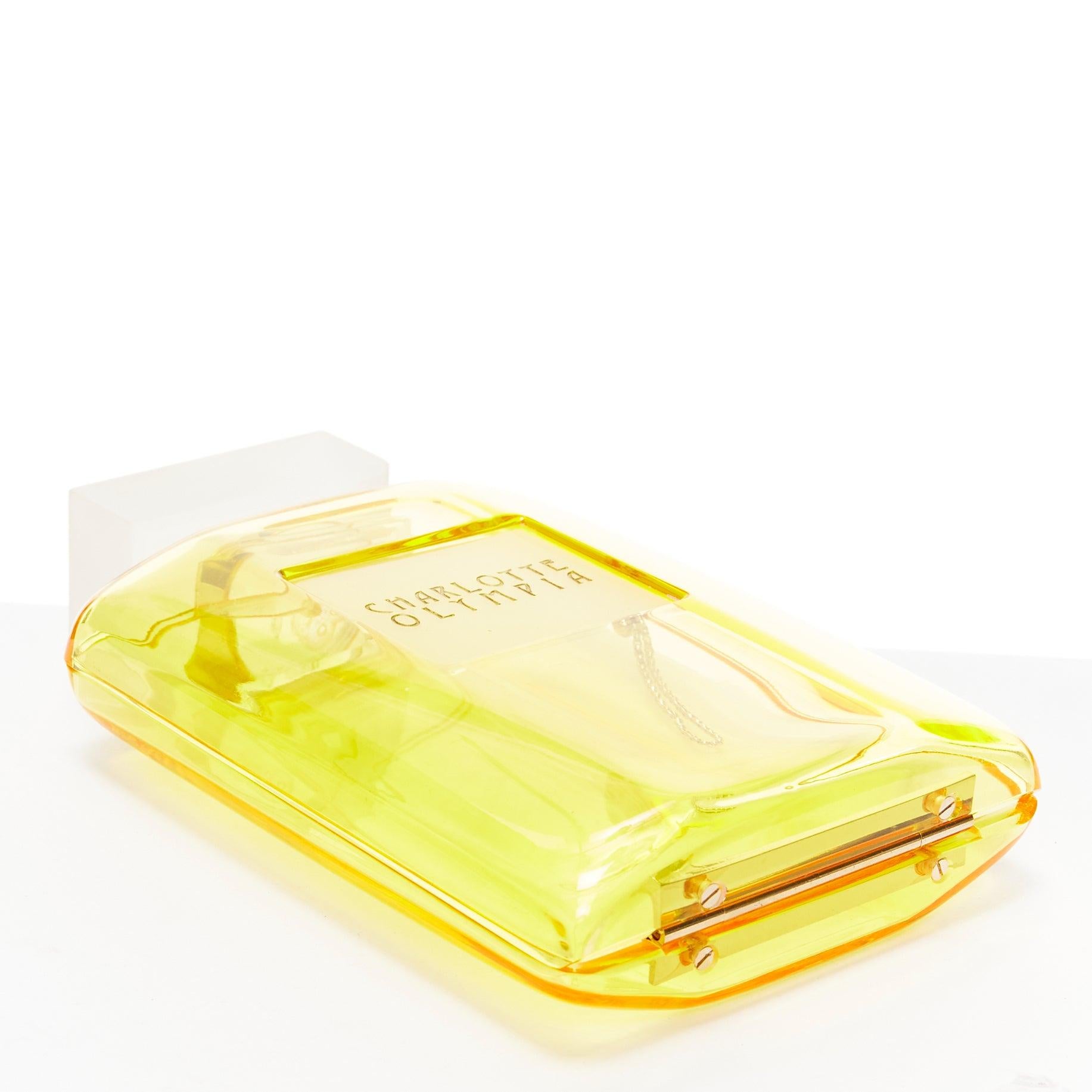 Seltene CHARLOTTE OLYMPIA gelbe Parfümflaschenschachtel-Clutch/Tasche mit Acryl-Logo im Angebot 2