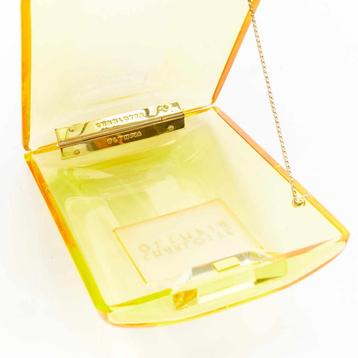 Seltene CHARLOTTE OLYMPIA gelbe Parfümflaschenschachtel-Clutch/Tasche mit Acryl-Logo im Angebot 5