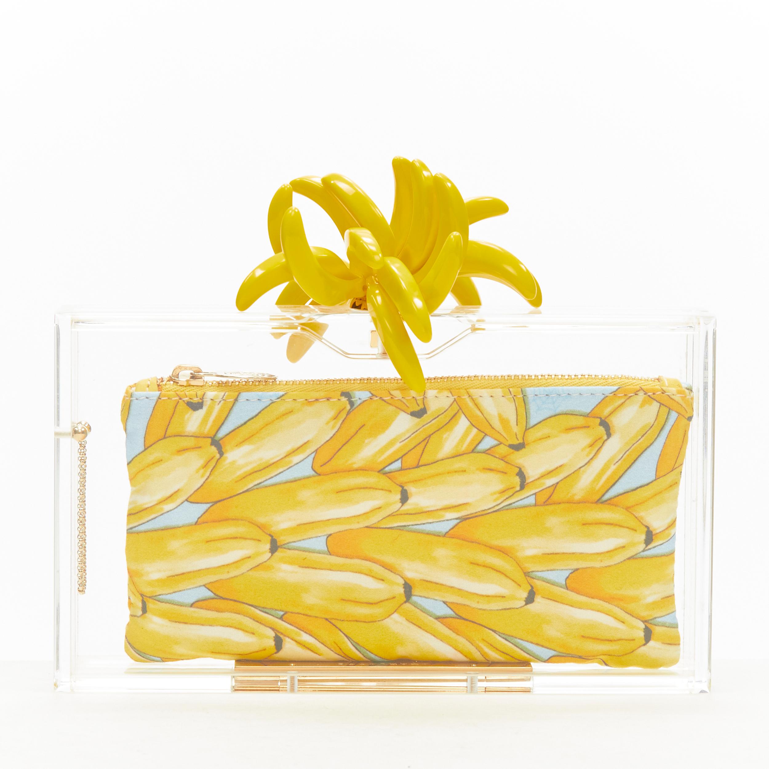 Women's rare CHARLOTTE OLYMPIA yellow Banana charm zip pouch perspex PVC box clutch bag