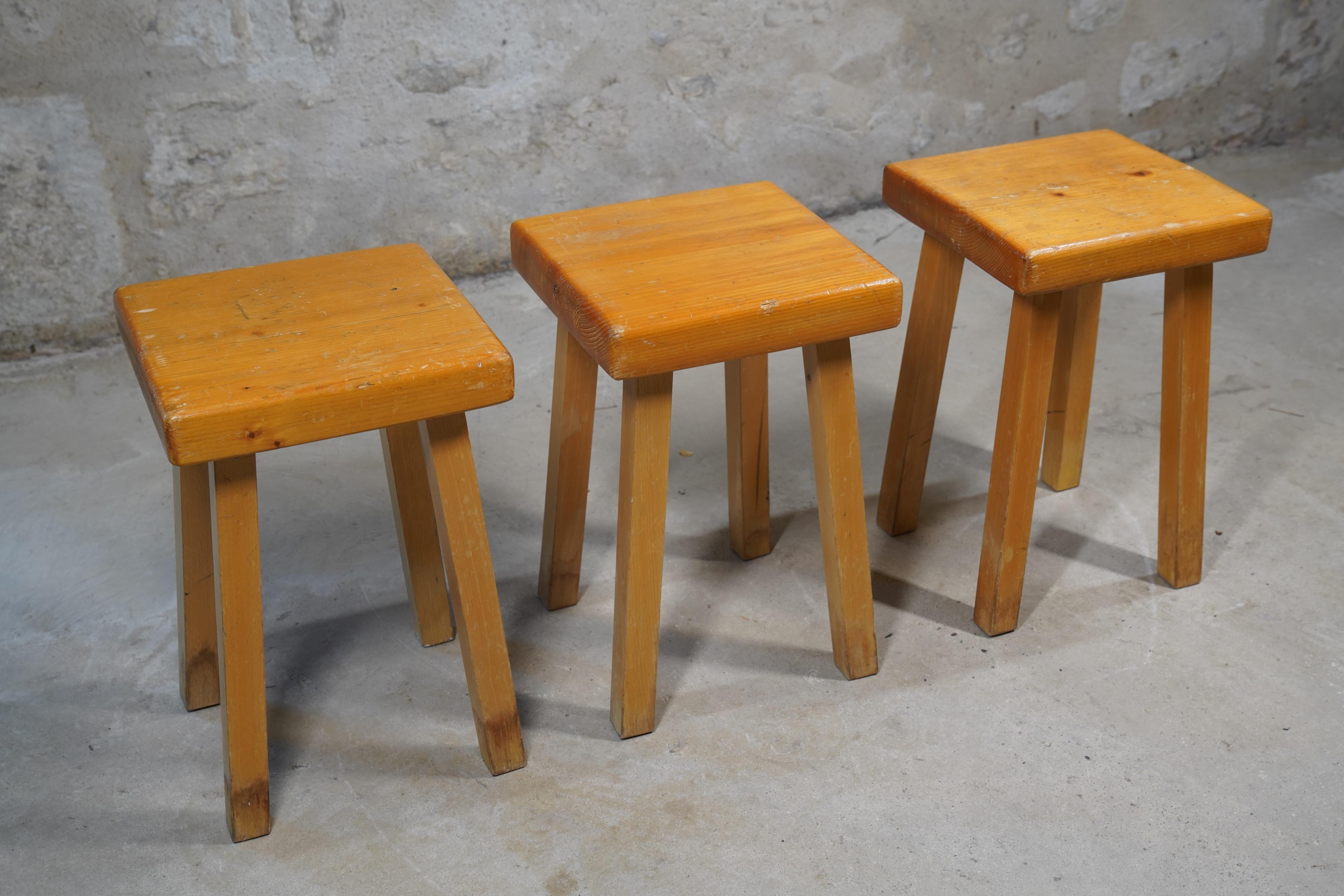 French Rare Charlotte Perriand Stools from Les Arcs 1800, France circa 1970