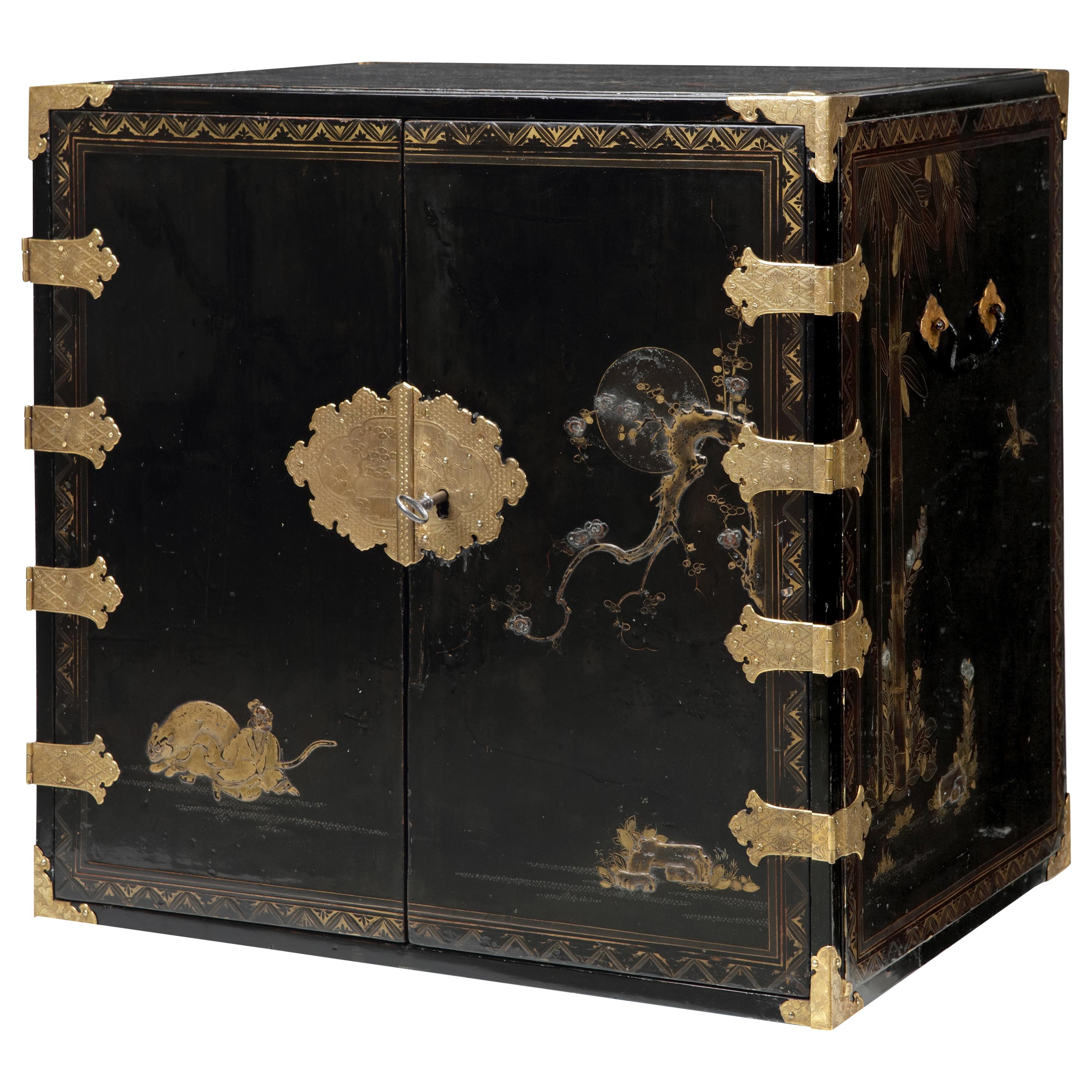 Rare Charming 17th Century Japanese Lacquer Cabinet with Gilt-Bronze Mounts