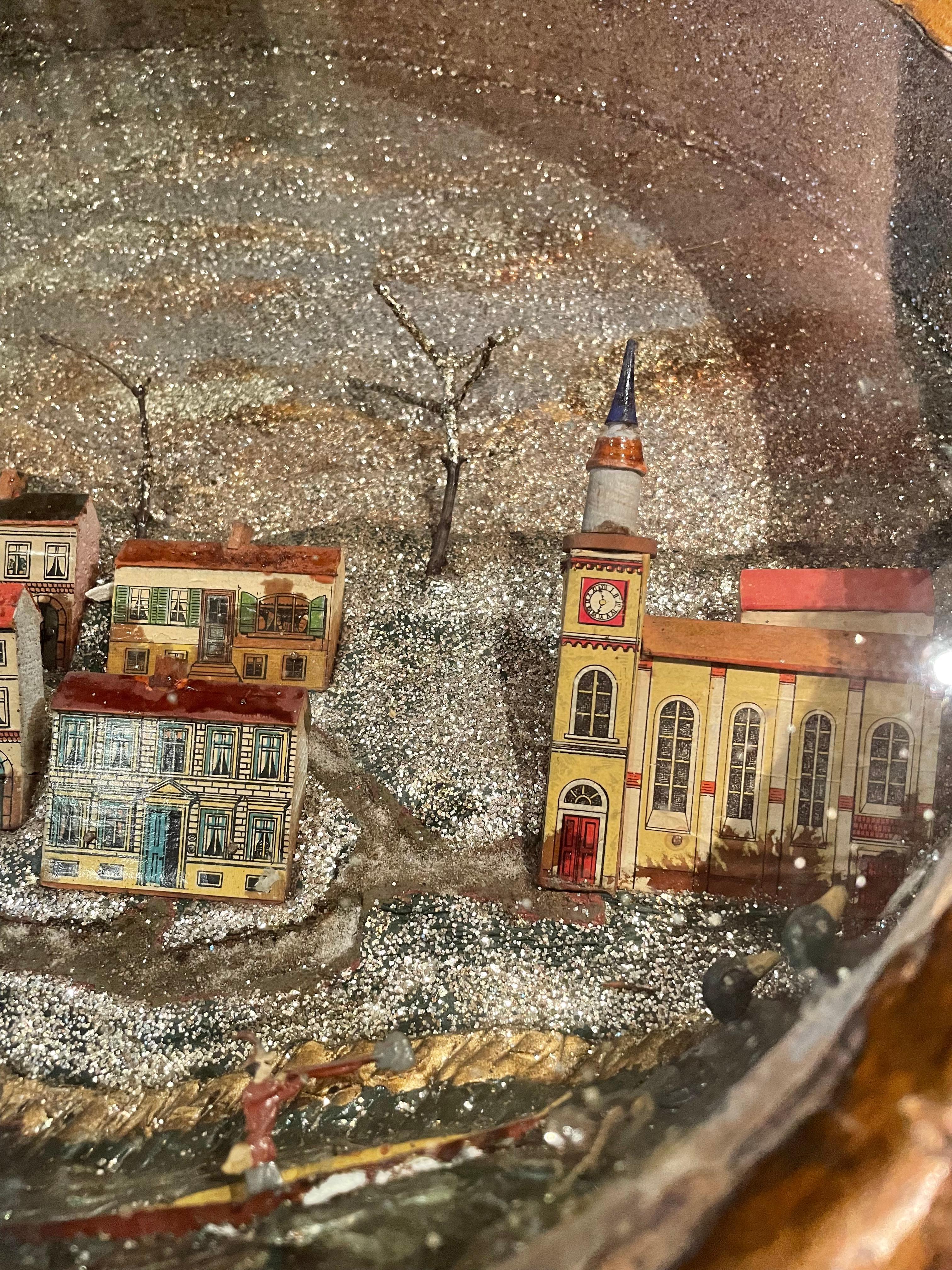 American Rare Charming 19th Century Folk Art Seaside Village Round Diorama