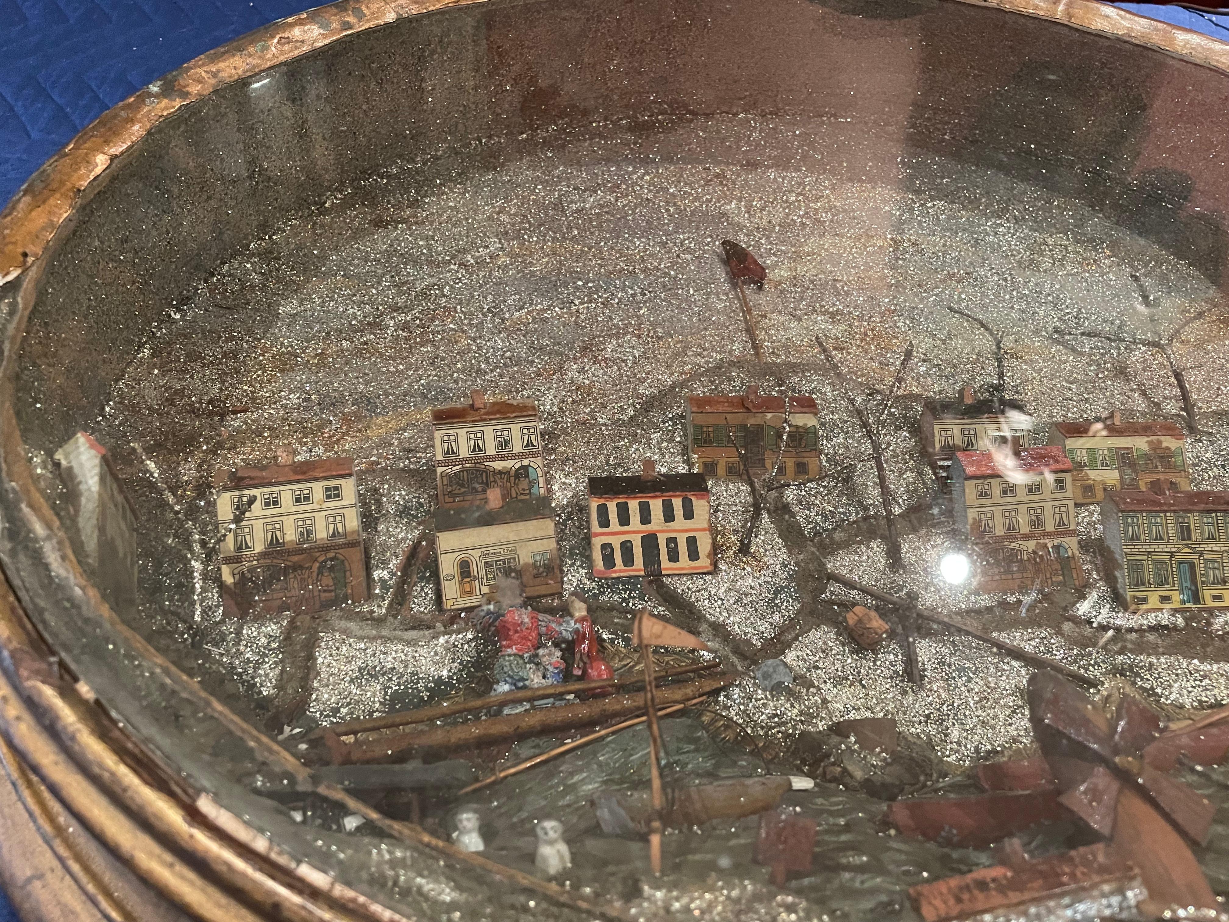 Glass Rare Charming 19th Century Folk Art Seaside Village Round Diorama