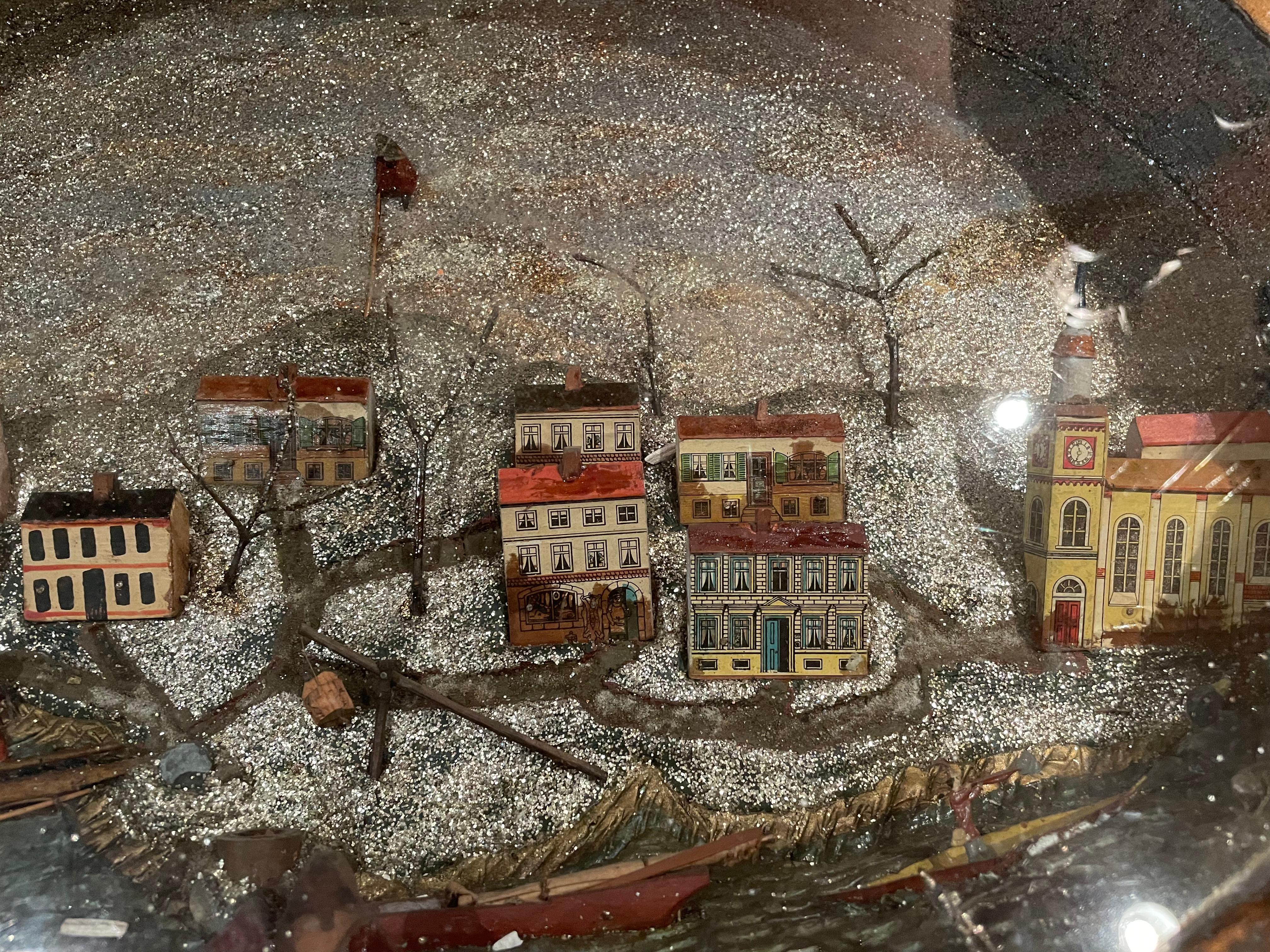 Rare Charming 19th Century Folk Art Seaside Village Round Diorama 1