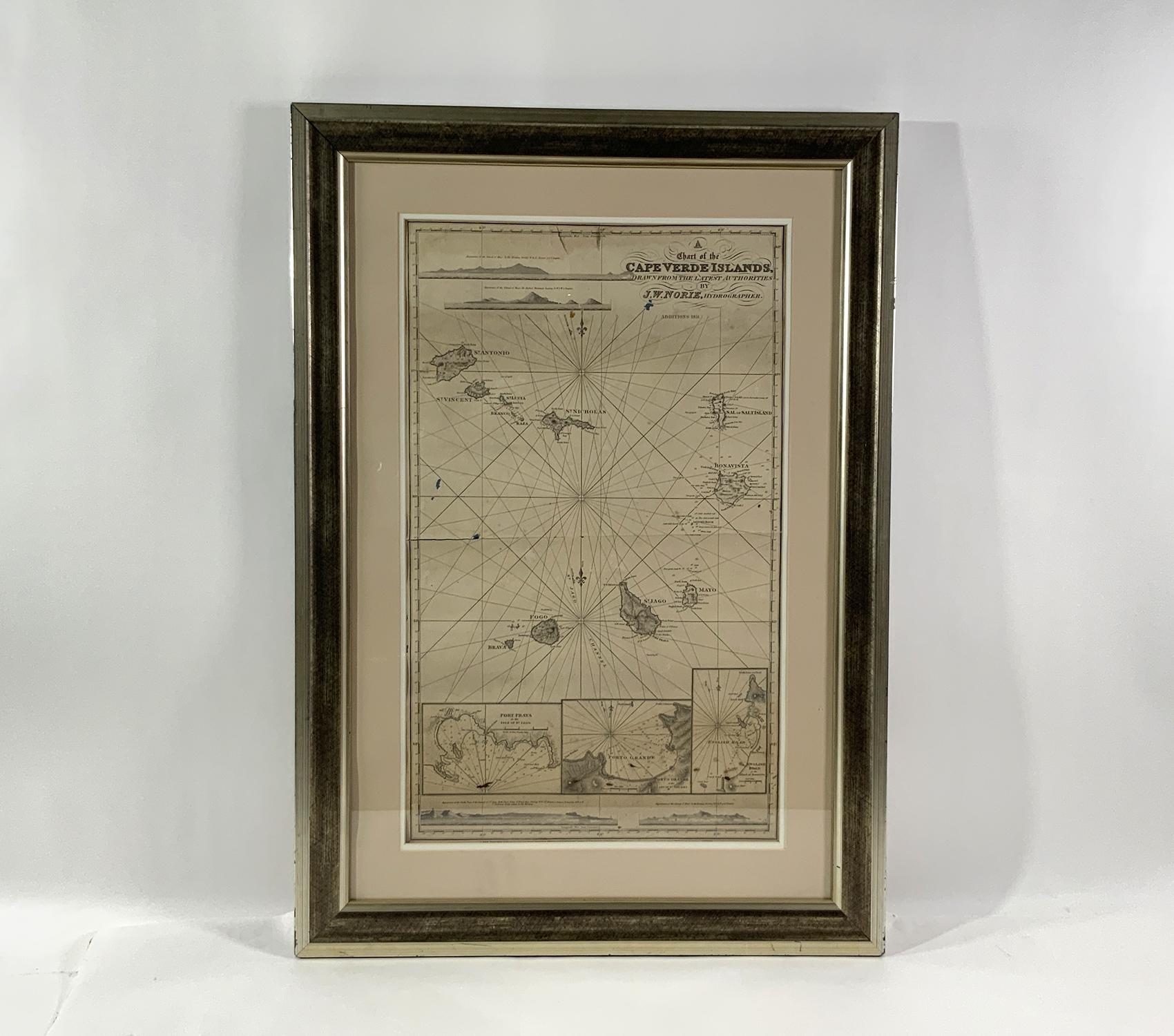 J.W. Norie Chart of the Cape Verde Islands, Circa 1851. This chart shows Fogo, St. Jago, Bonavista, St. Nicholas, St. Antonio, St. Vincent, etc.. With enlarged panels showing important ports. Wonderful condition and 170 years old!. Circa 1851.
