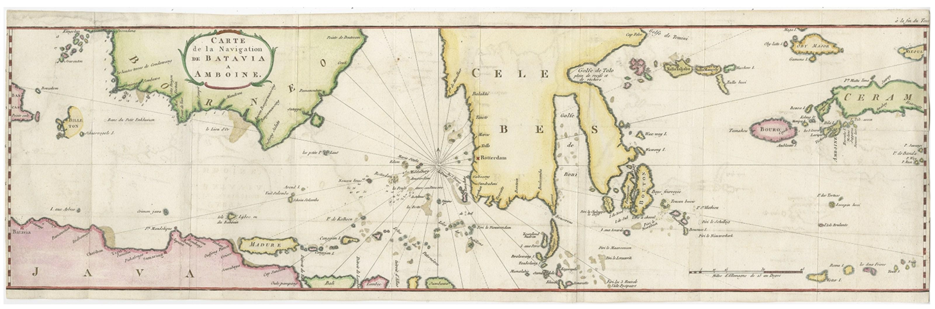 Antique map titled 'Carte de la Navigation de Batavia a Amboina'. 

Rare chart of Indonesia including Borneo, Java, Celebes, Ceram and more. This map originates from 'Voyage par le Cap de Bonne-Esperance et Batavia a Samarang, a Macassar, a