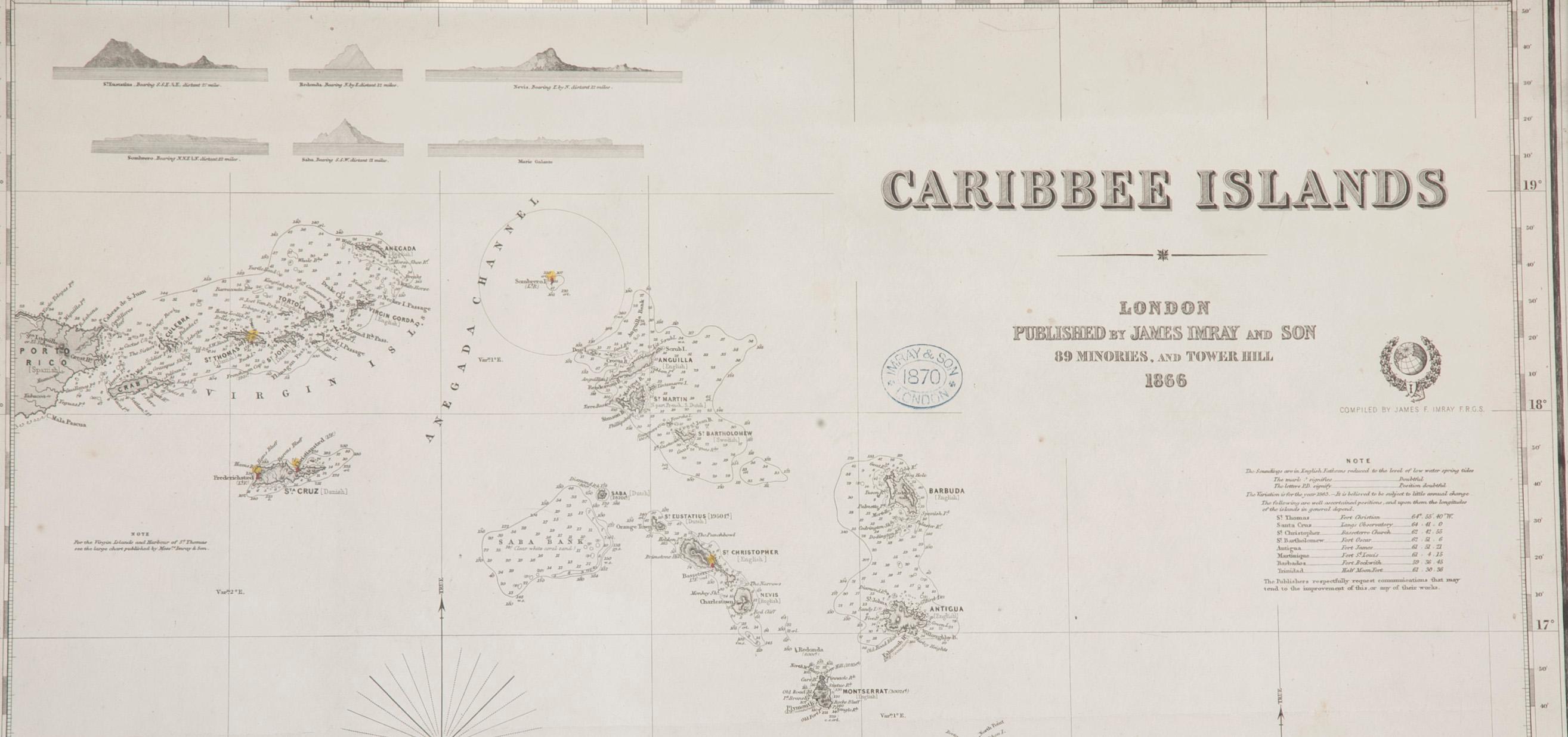 Folk Art Rare Chart of the Caribbean Islands Published by James Imray & Son, London, 1866