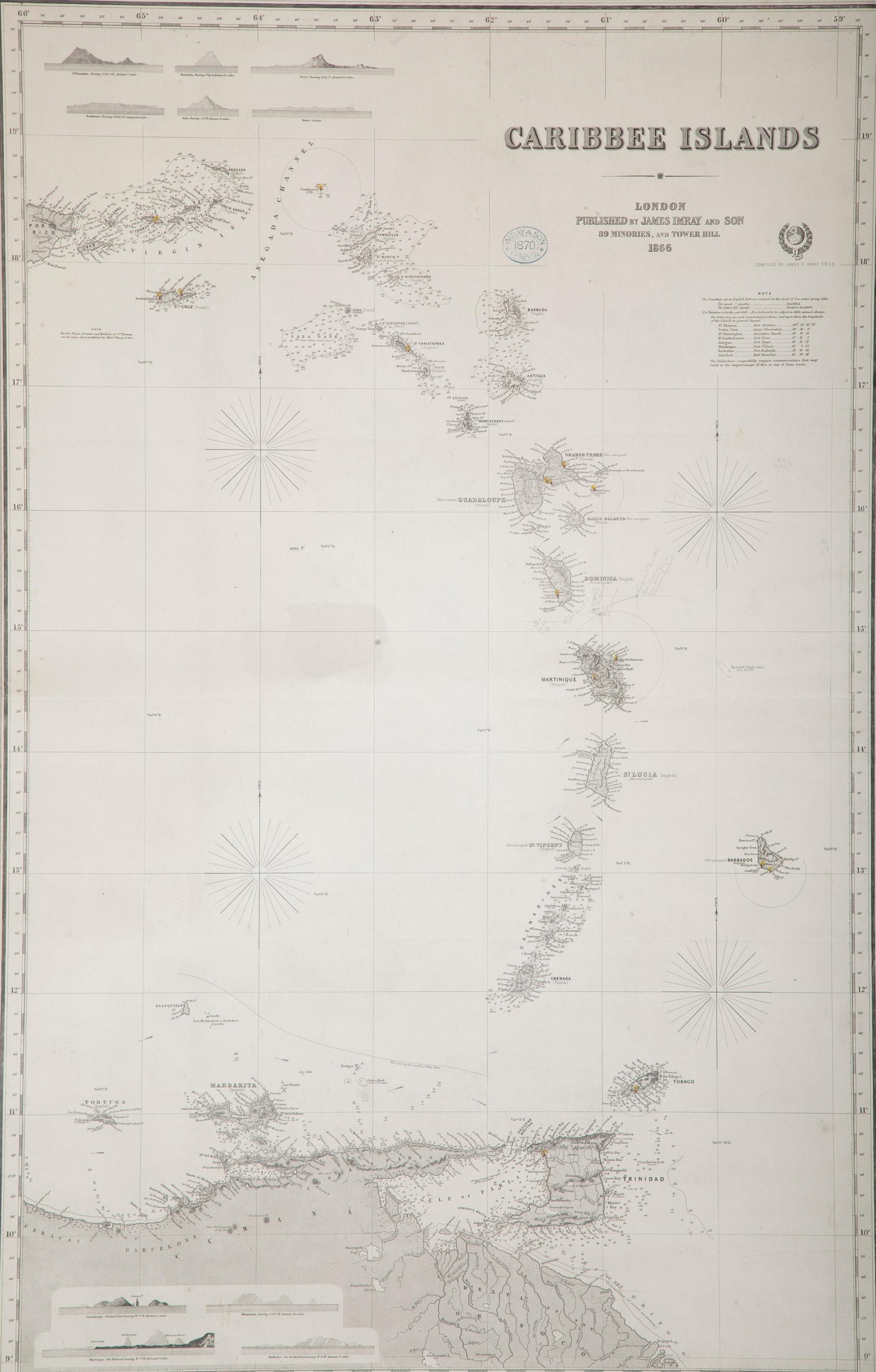 English Rare Chart of the Caribbean Islands Published by James Imray & Son, London, 1866