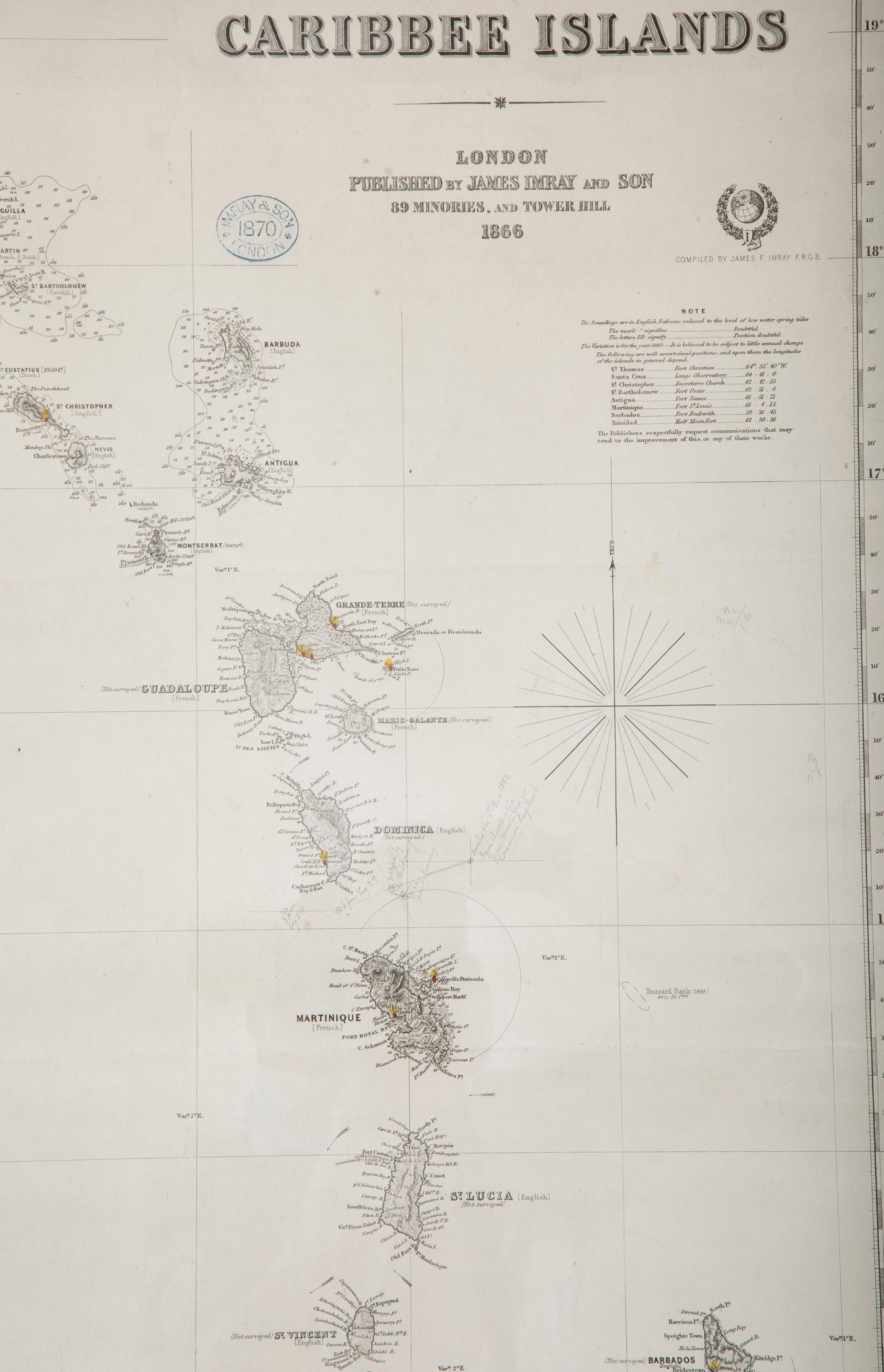 19th Century Rare Chart of the Caribbean Islands Published by James Imray & Son, London, 1866
