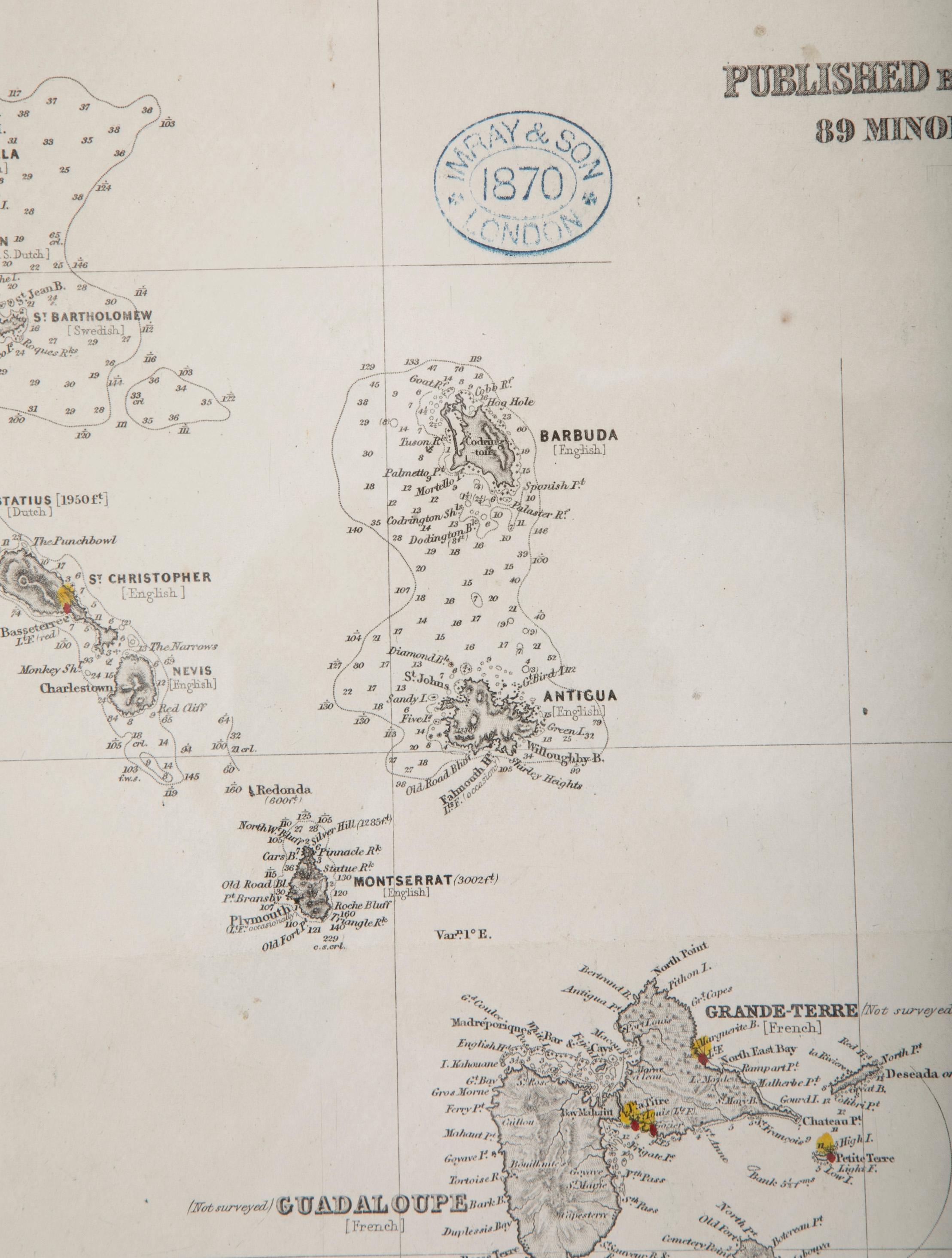 Paper Rare Chart of the Caribbean Islands Published by James Imray & Son, London, 1866